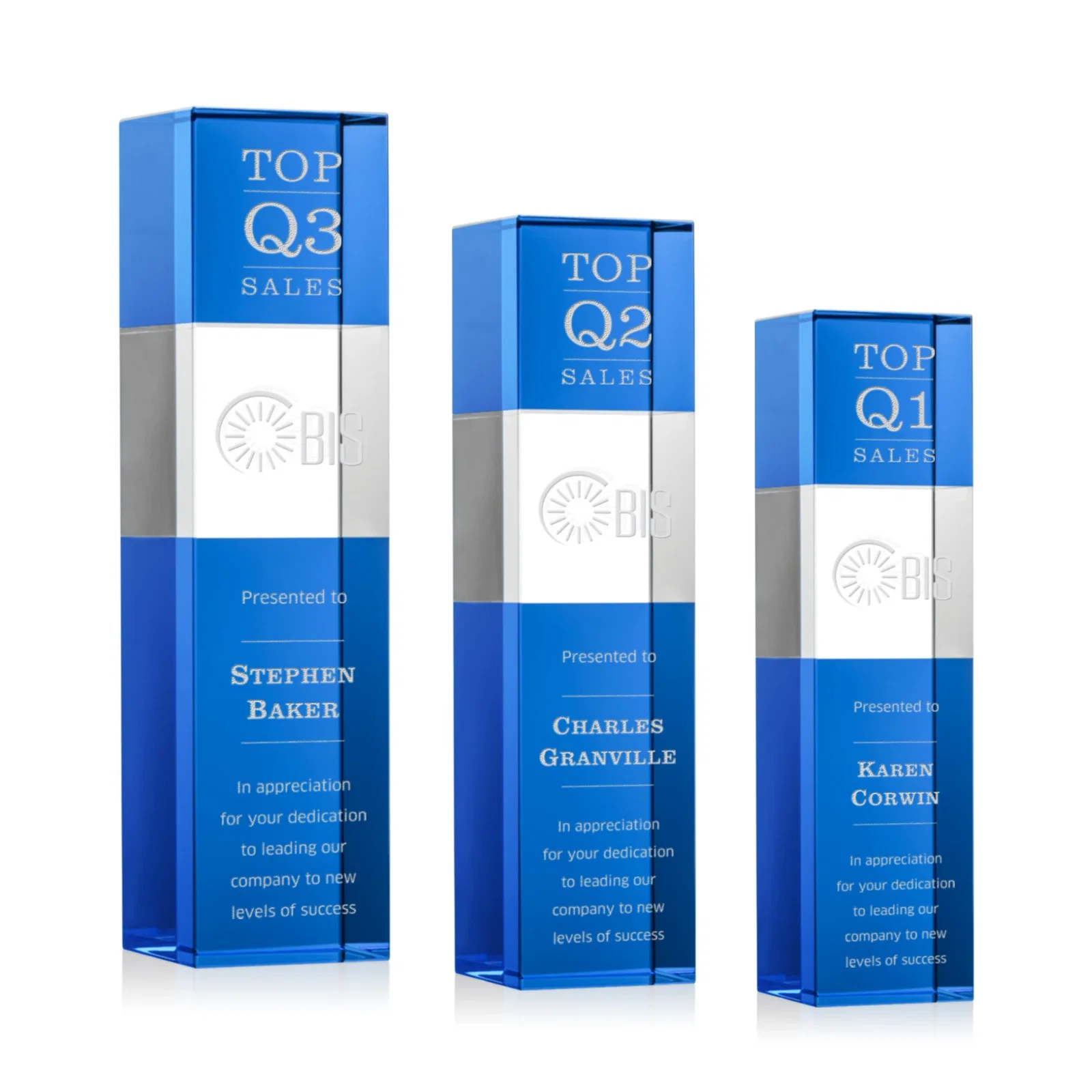 Personalized Optical Crystal Tower Award with Beechwood Finish Option for retirement presentations
