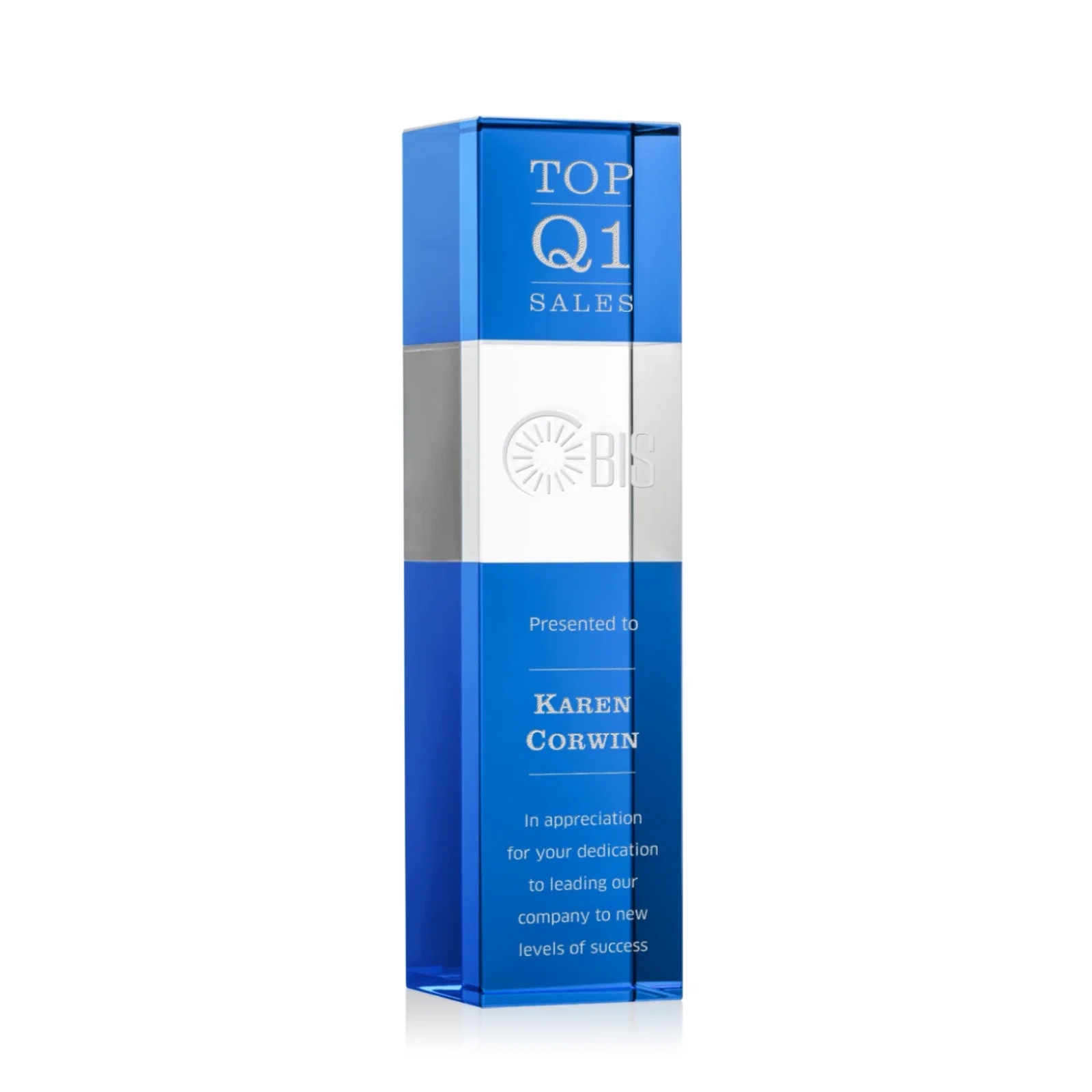 Personalized Optical Crystal Tower Award with Beechwood Finish Option for team milestone celebrations