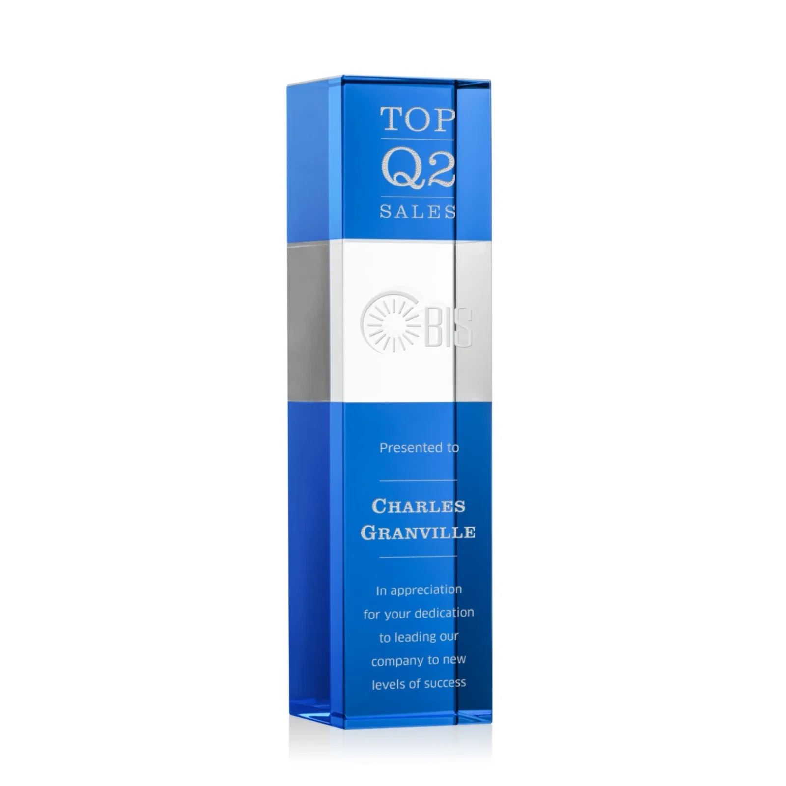 Personalized Optical Crystal Tower Award with Beechwood Finish Option for donor appreciation