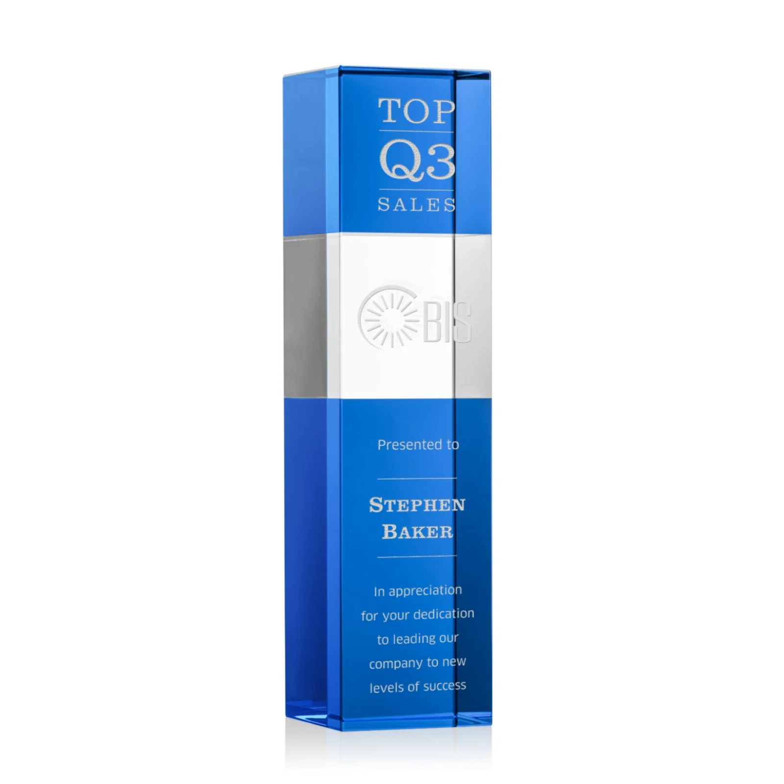 Personalized Optical Crystal Tower Award with Beechwood Finish Option for graduation ceremonies