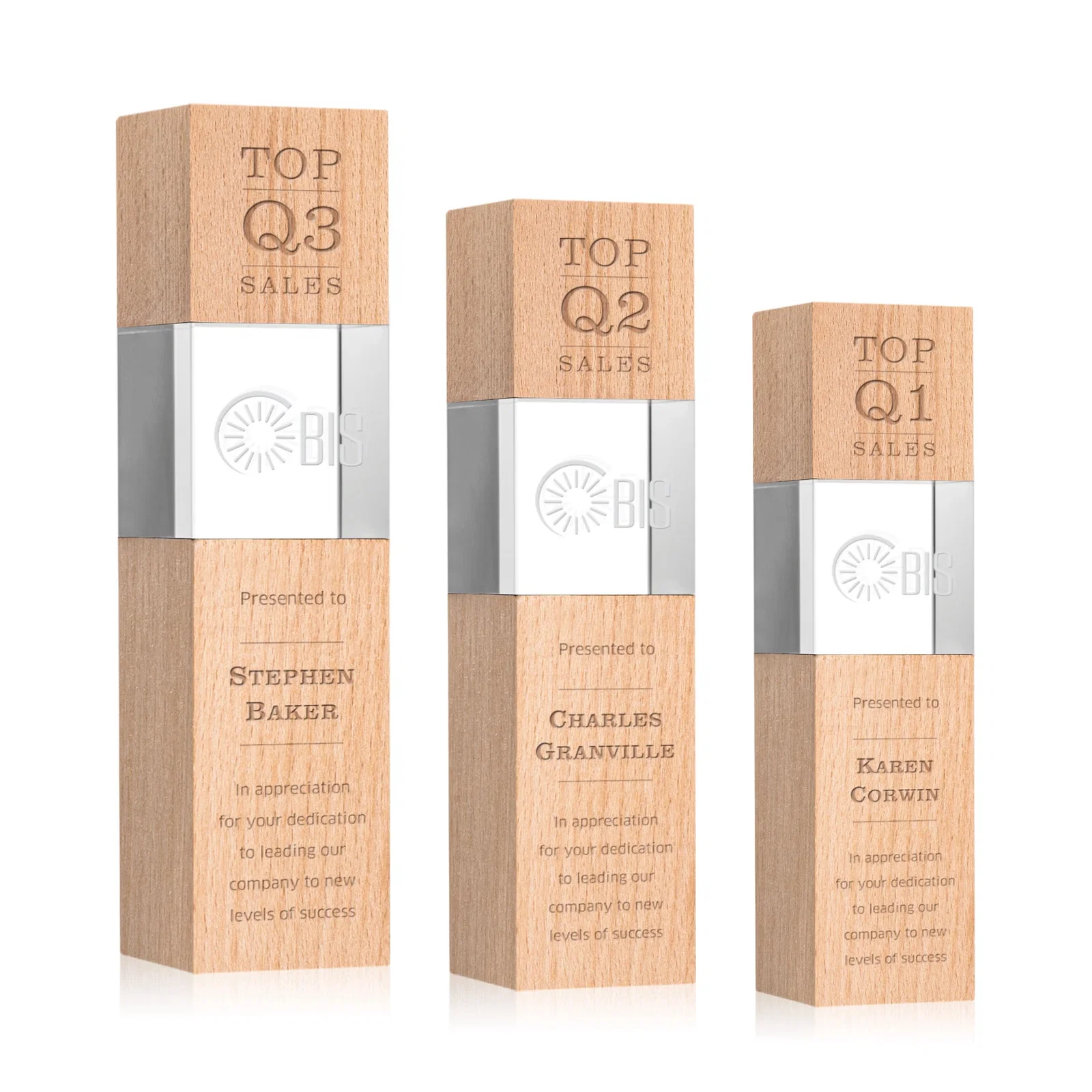 Personalized Optical Crystal Tower Award with Beechwood Finish Option for safety achievement programs