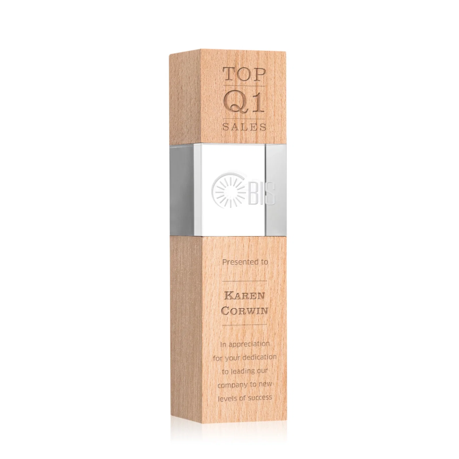 Personalized Optical Crystal Tower Award with Beechwood Finish Option for volunteer appreciation