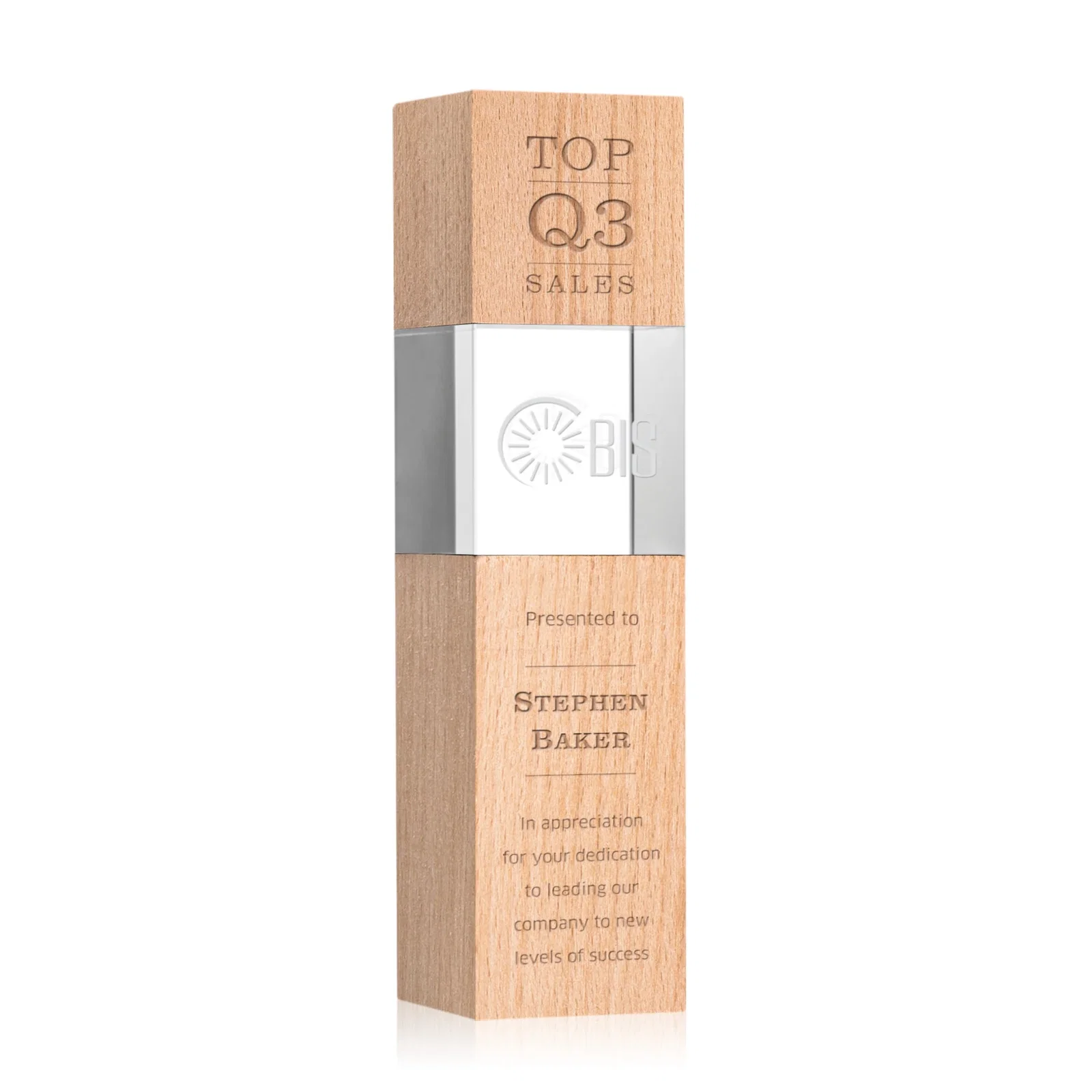 Personalized Optical Crystal Tower Award with Beechwood Finish Option for company anniversary events