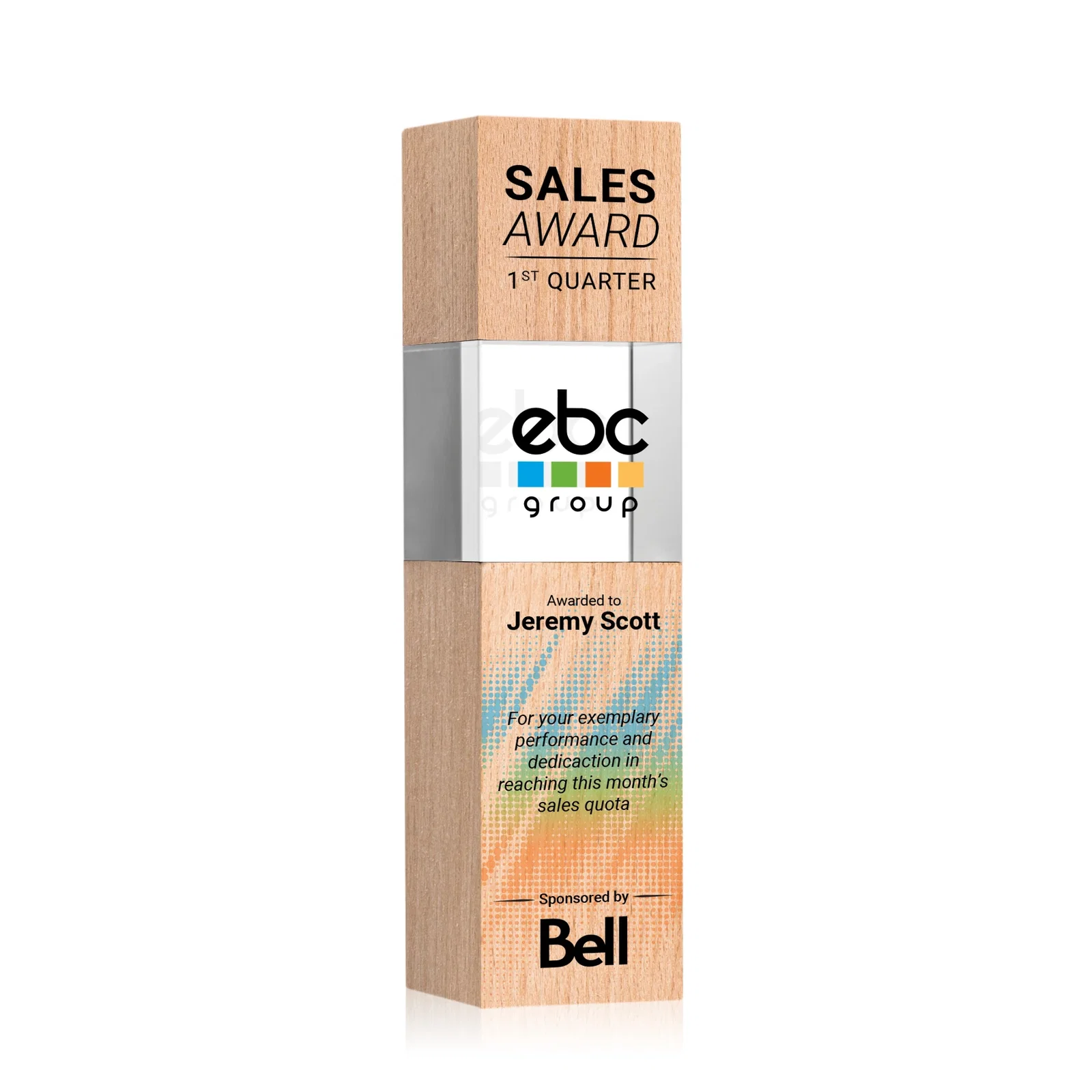 Promotional Optical Crystal Tower Award with Beechwood Finish Option for corporate award ceremonies