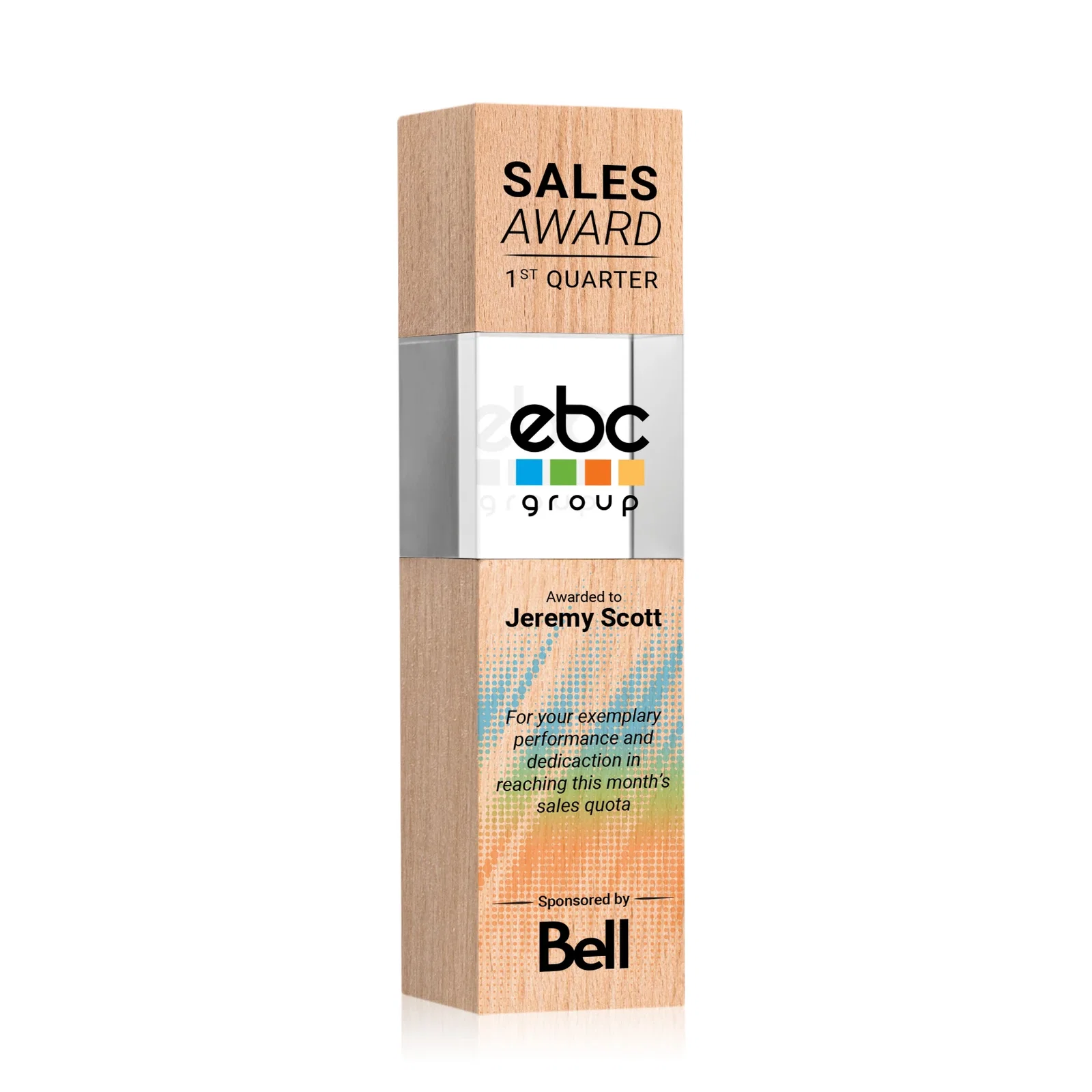 Promotional Optical Crystal Tower Award with Beechwood Finish Option for service anniversary gifts