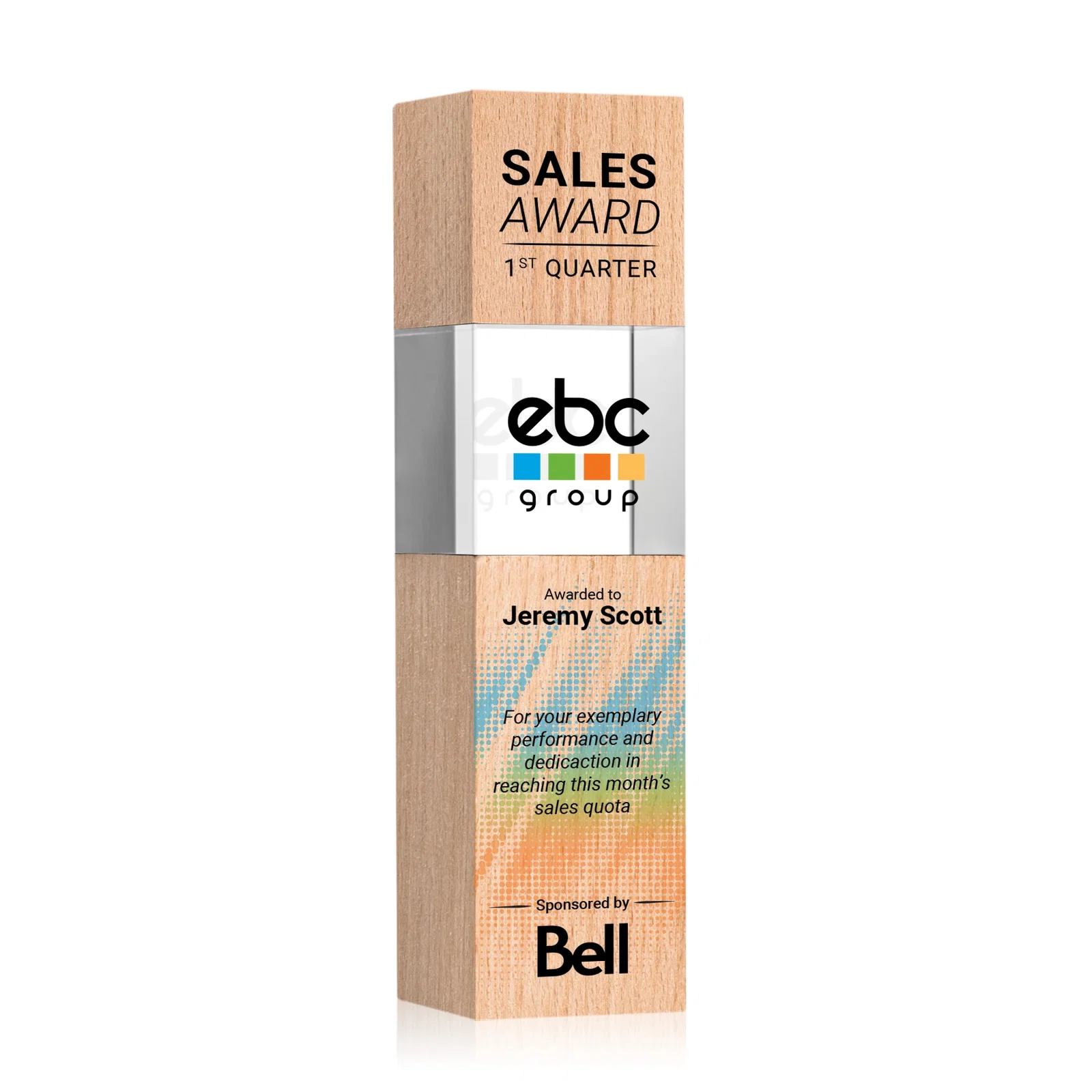 Promotional Optical Crystal Tower Award with Beechwood Finish Option for sales achievement awards