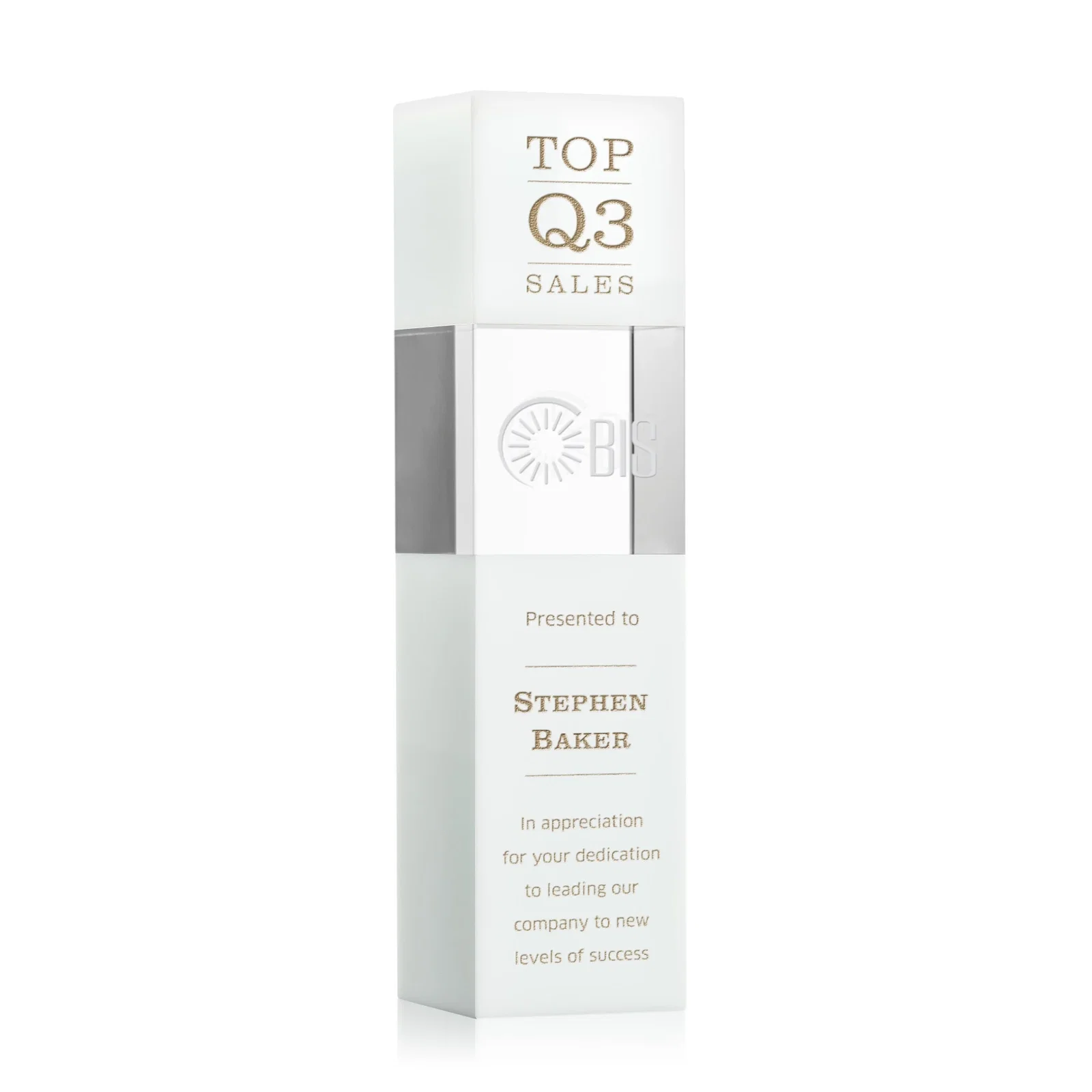 Custom Optical Crystal Tower Award with Beechwood Finish Option for sales achievement awards