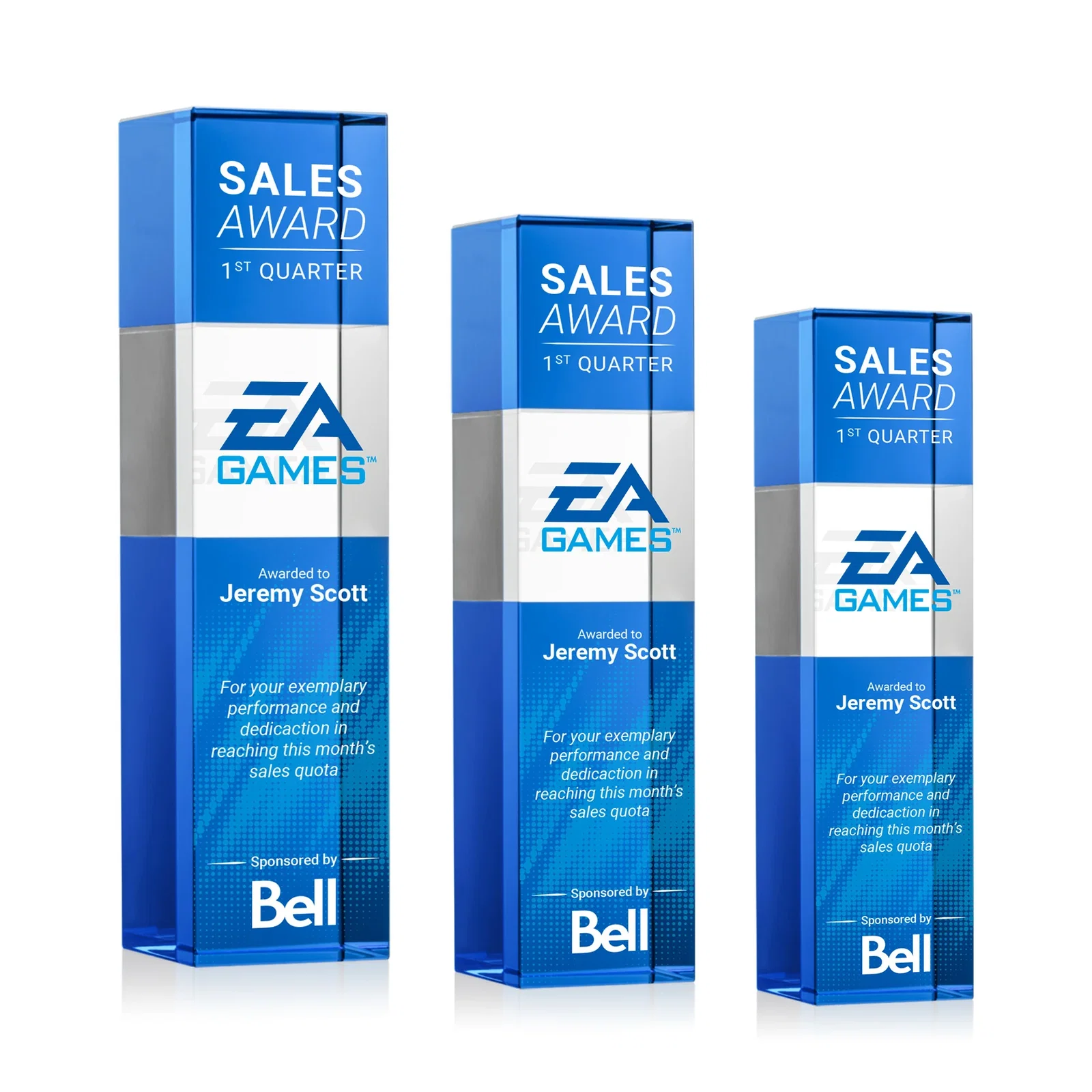 Branded Optical Crystal Tower Award with Beechwood Finish Option for retirement presentations