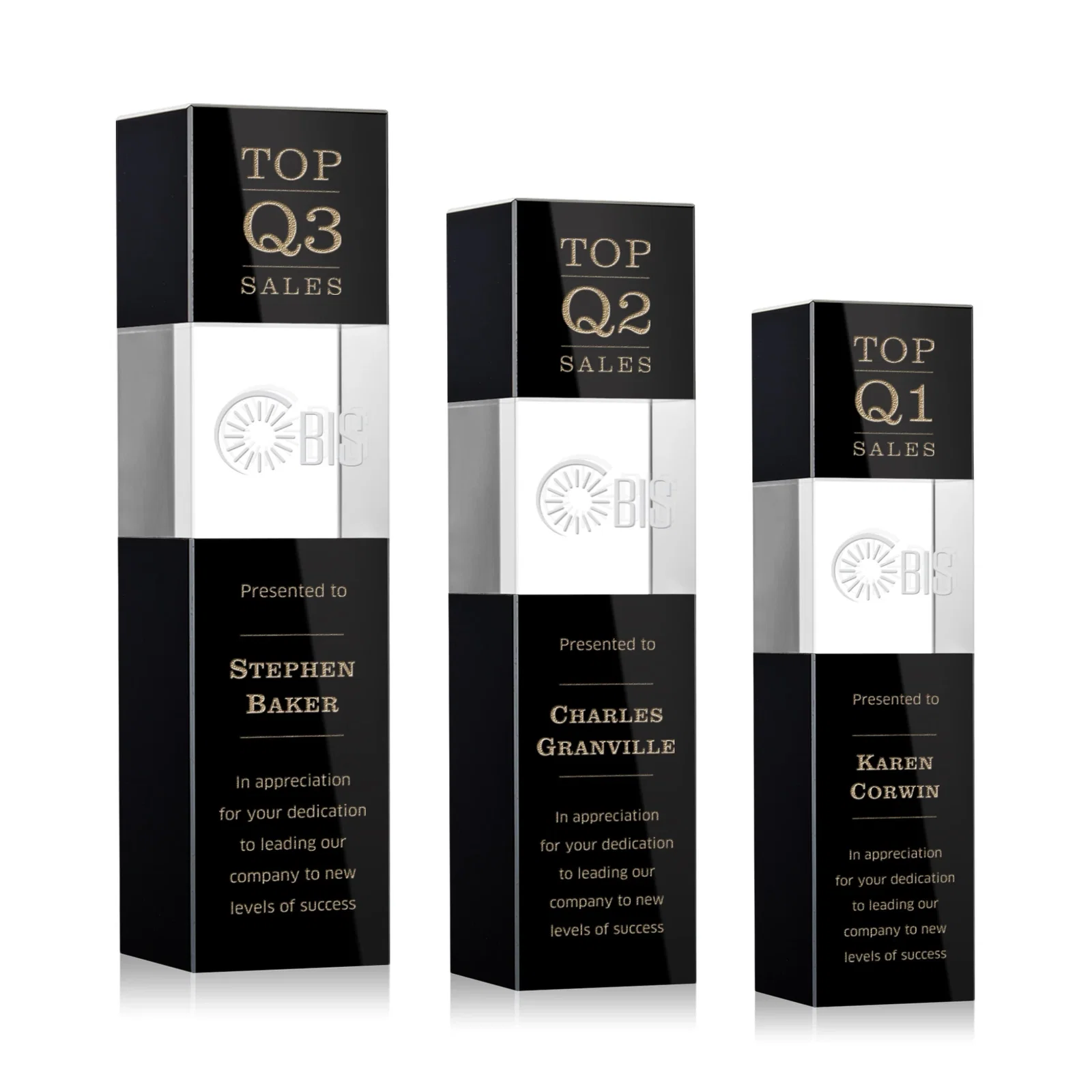 Custom Optical Crystal Tower Award with Beechwood Finish Option for retirement presentations