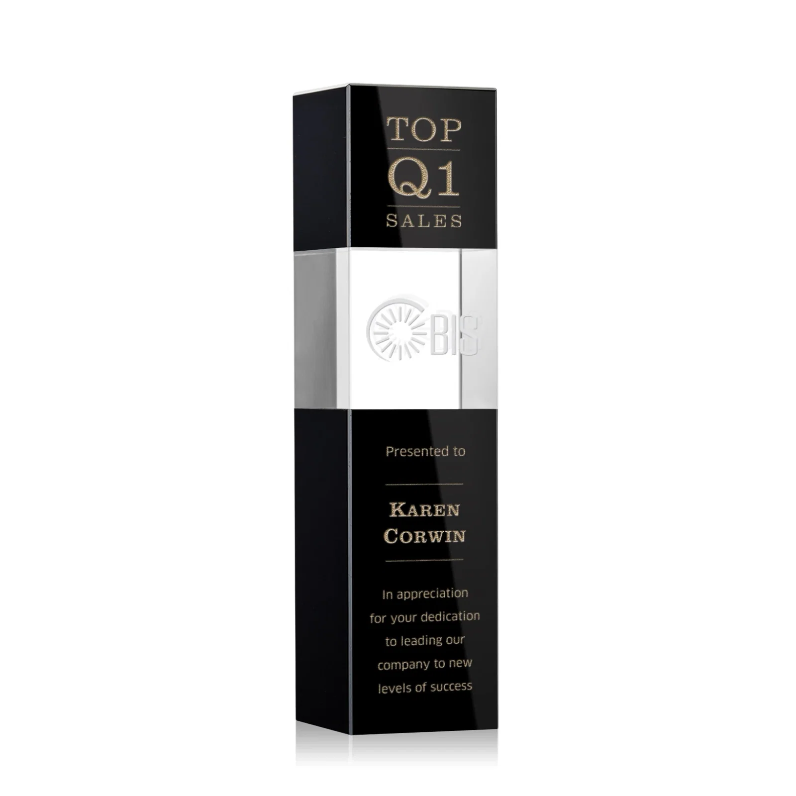 Custom Optical Crystal Tower Award with Beechwood Finish Option for team milestone celebrations