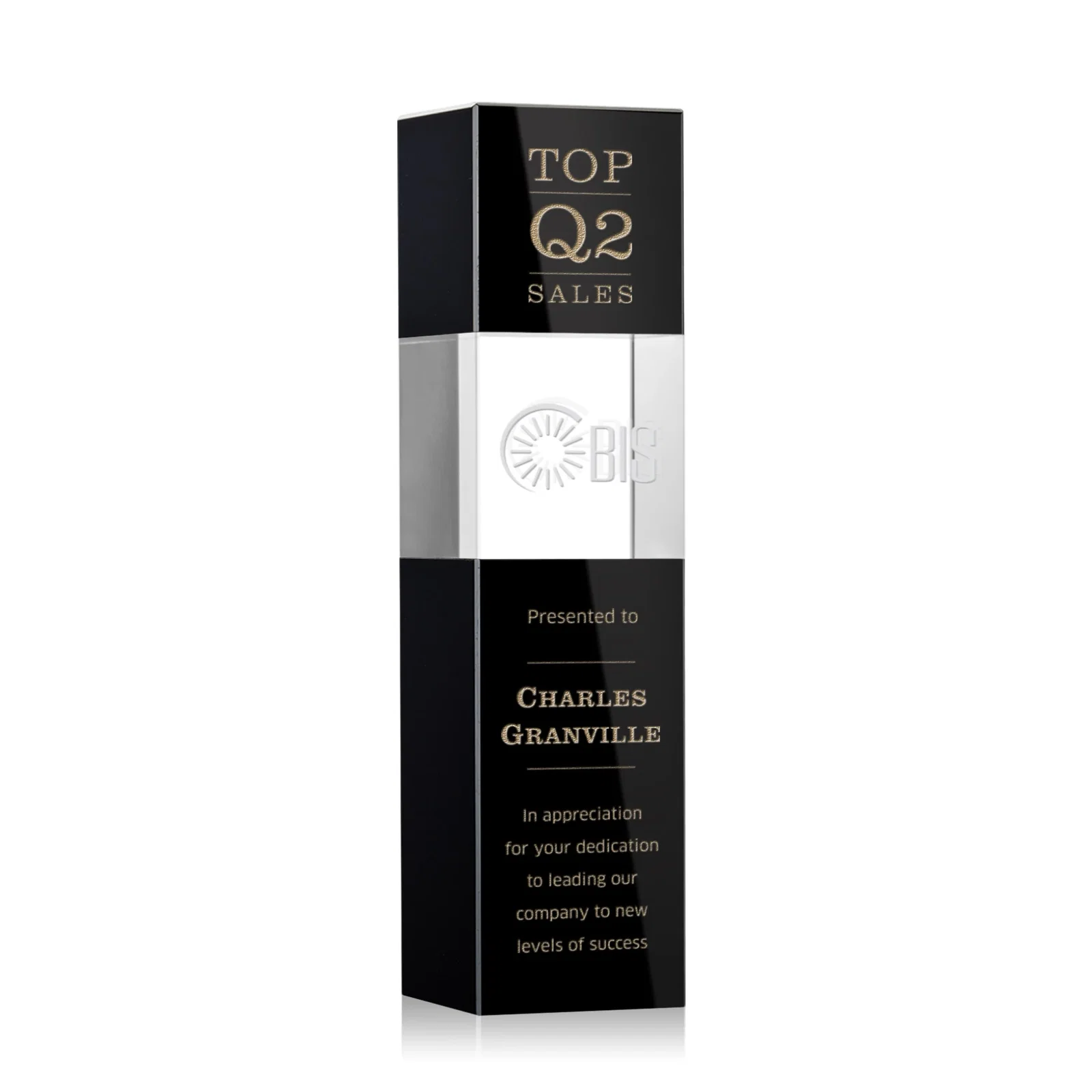 Custom Optical Crystal Tower Award with Beechwood Finish Option for donor appreciation