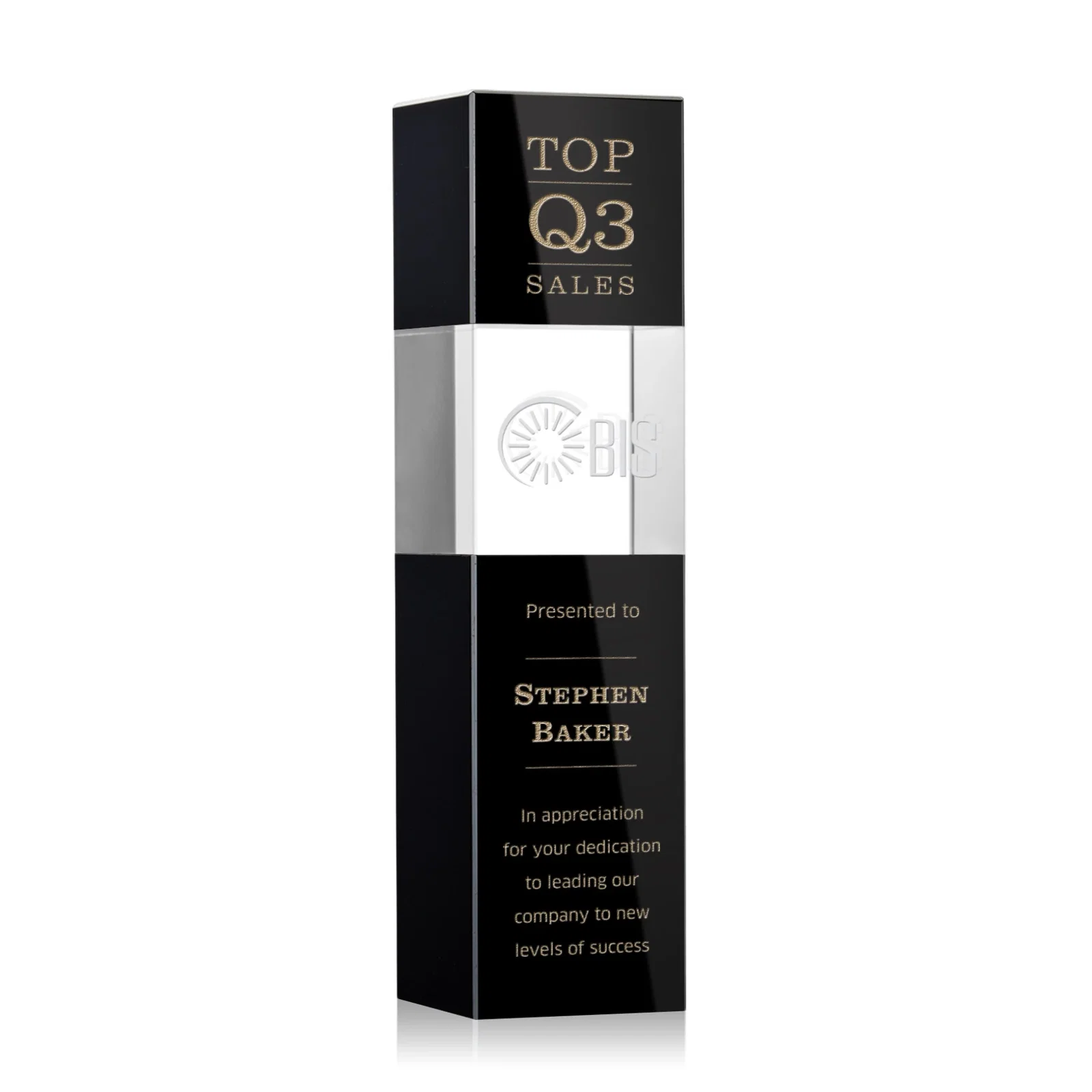 Custom Optical Crystal Tower Award with Beechwood Finish Option for graduation ceremonies