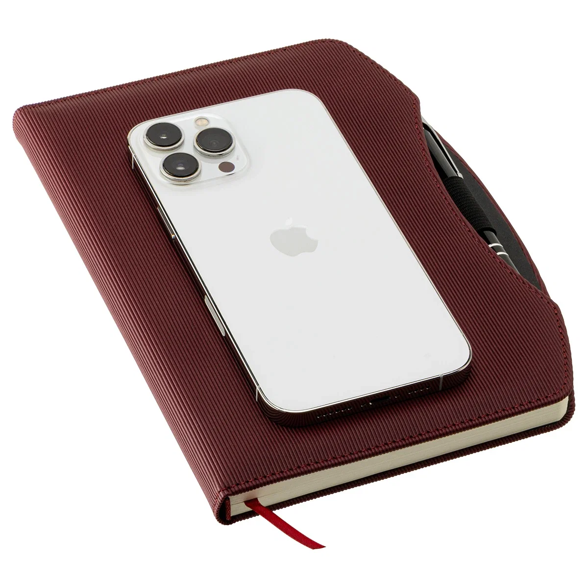 Angled view of the promotional Arc Hardcover Journal and matching pen