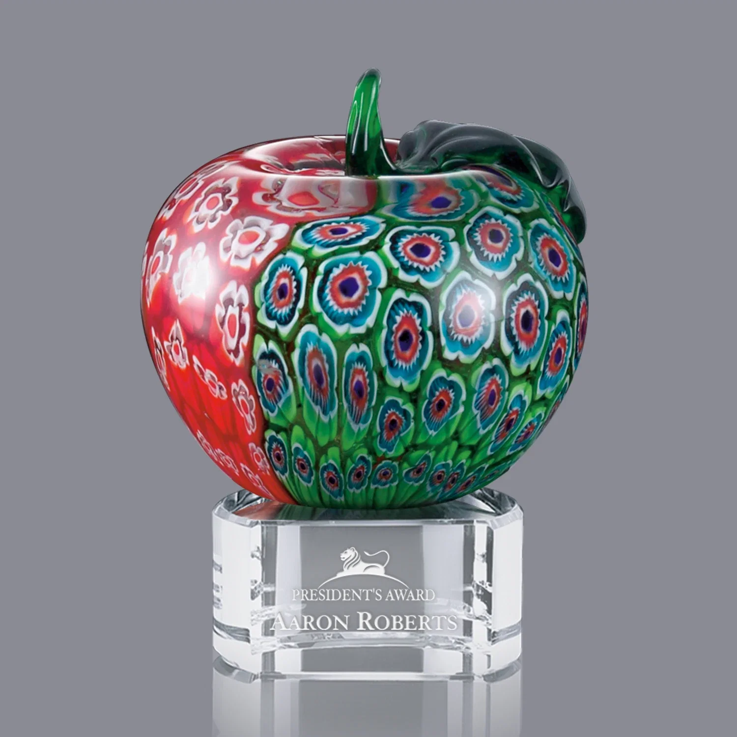 Custom Frosted Hand-Blown Glass Apple Award in Green, Red, or Blended Tones for corporate award ceremonies