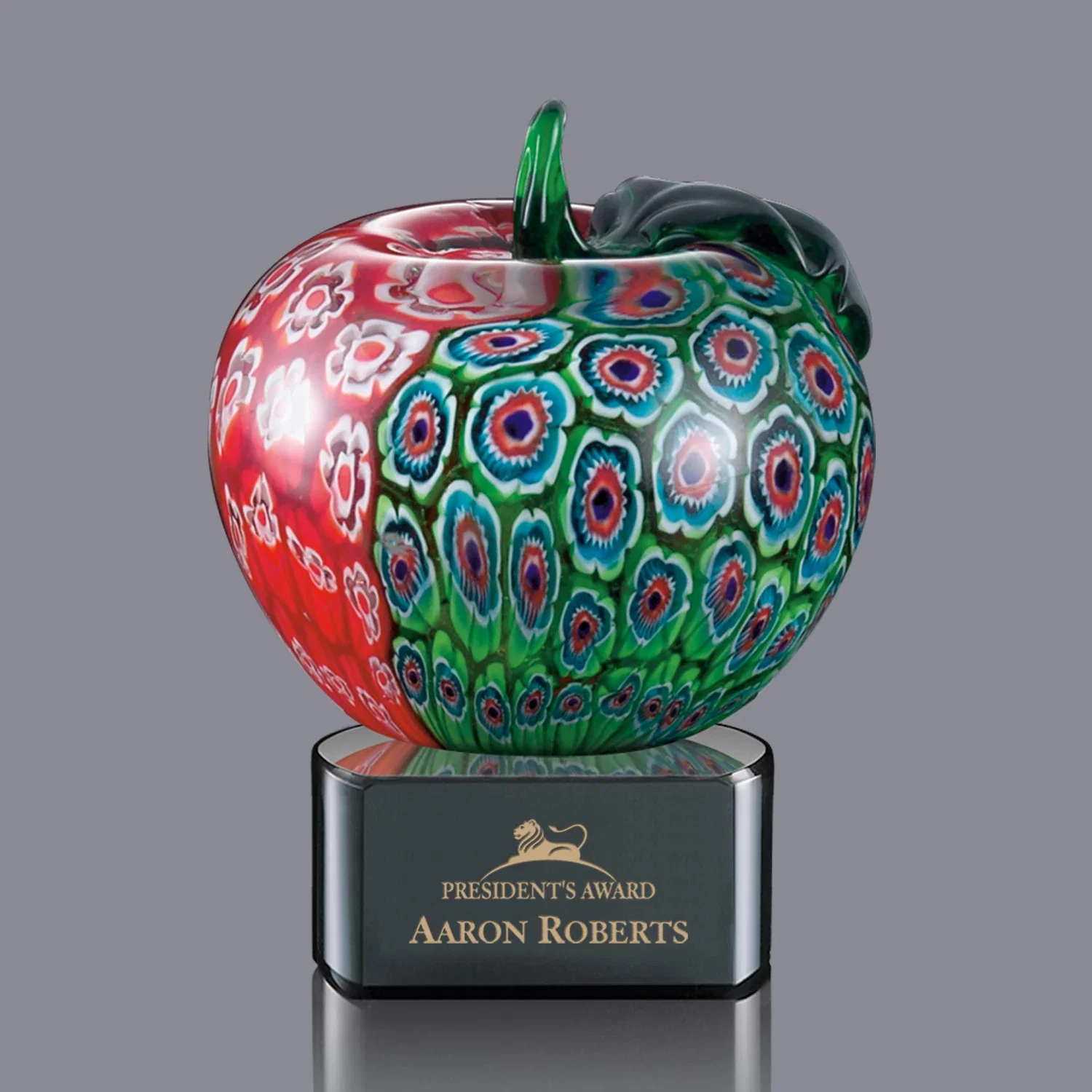 Custom Frosted Hand-Blown Glass Apple Award in Green, Red, or Blended Tones for service anniversary gifts