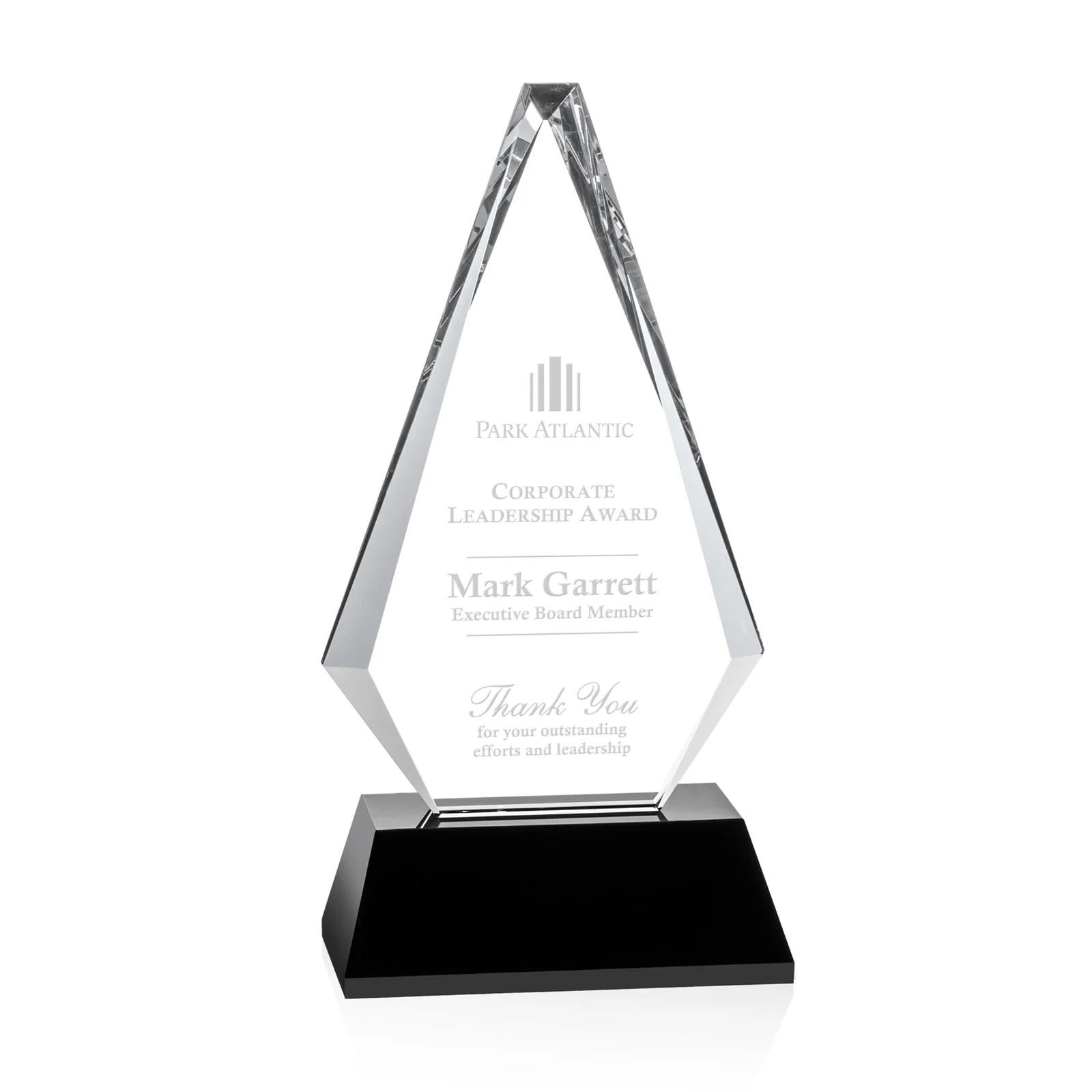 Custom Optical Crystal Diamond Award on a Matching Beveled Base for corporate award ceremonies