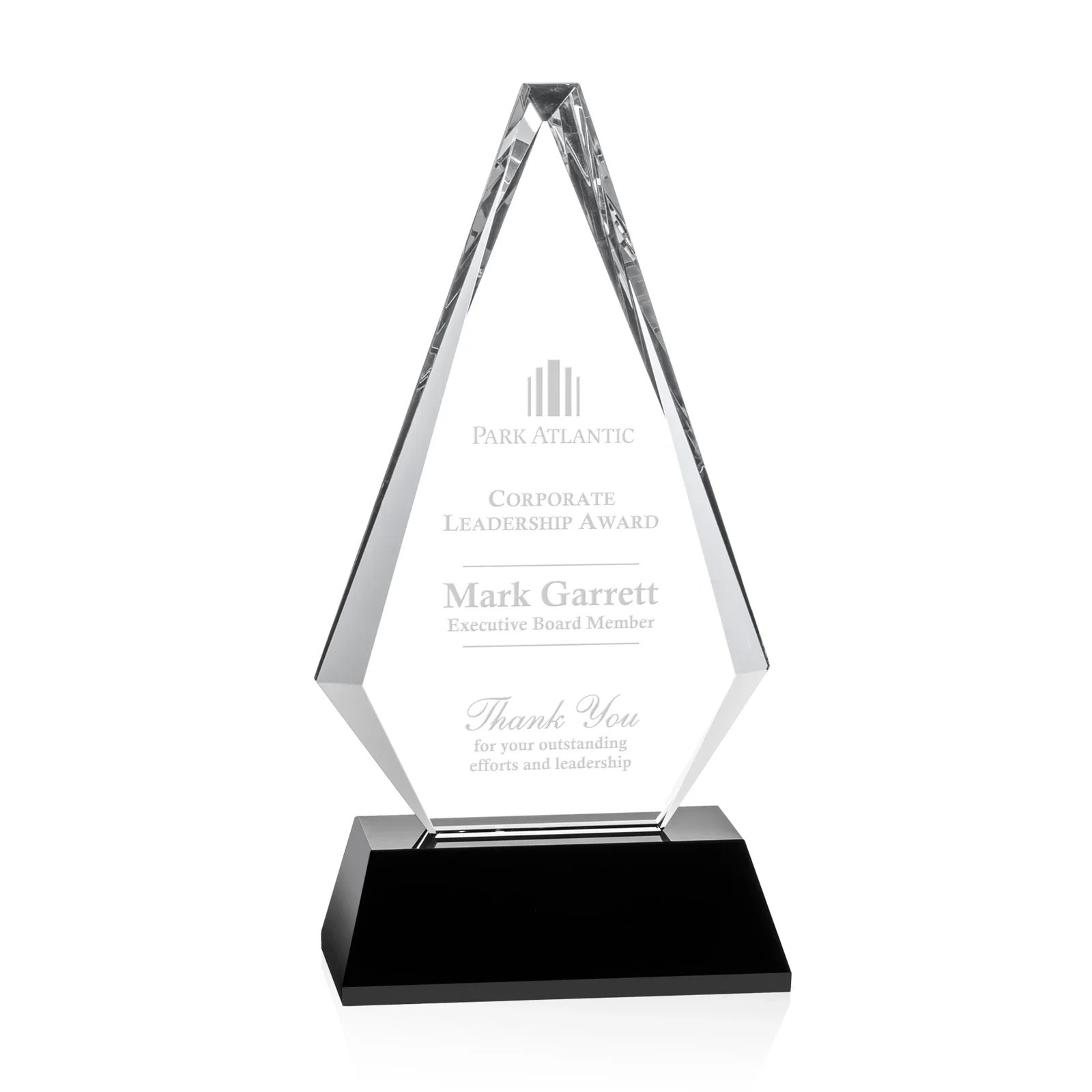 Custom Optical Crystal Diamond Award on a Matching Beveled Base for service anniversary gifts
