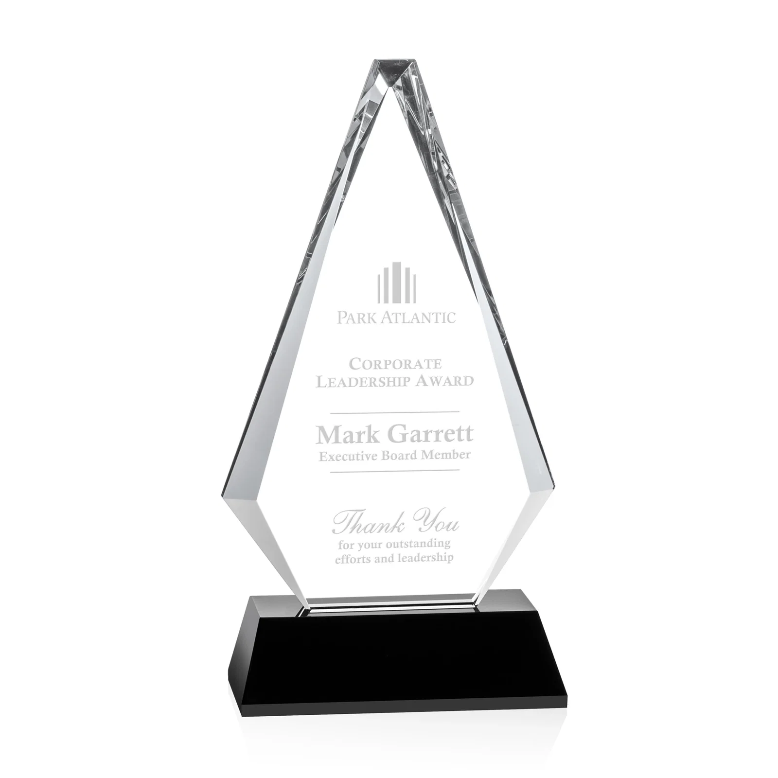 Custom Optical Crystal Diamond Award on a Matching Beveled Base for sales achievement awards