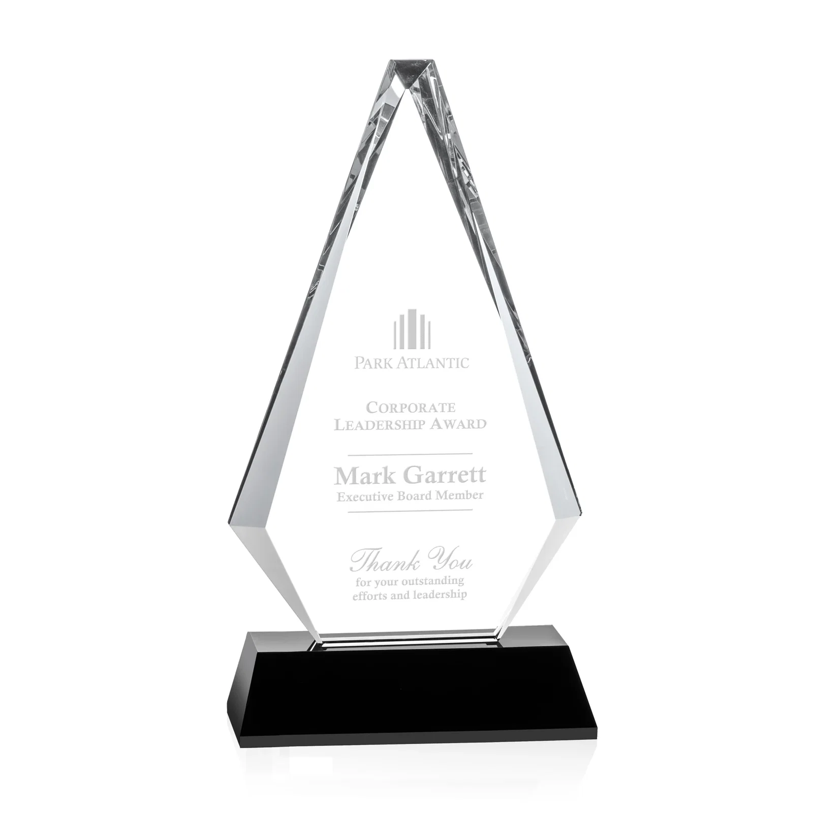 Custom Optical Crystal Diamond Award on a Matching Beveled Base for retirement presentations
