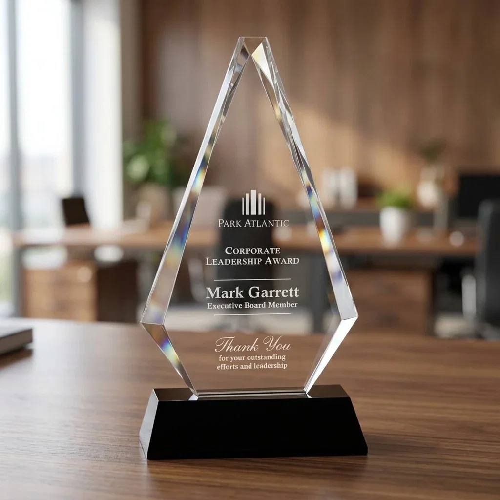 Custom Optical Crystal Diamond Award on a Matching Beveled Base for team milestone celebrations