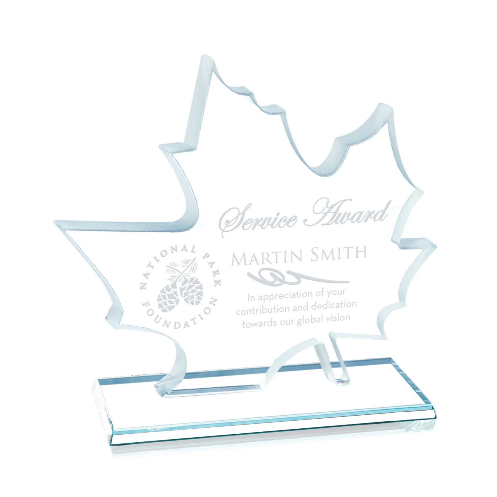 Custom Maple Leaf-Shaped Starfire Crystal Award, Deep Etched for employee recognition