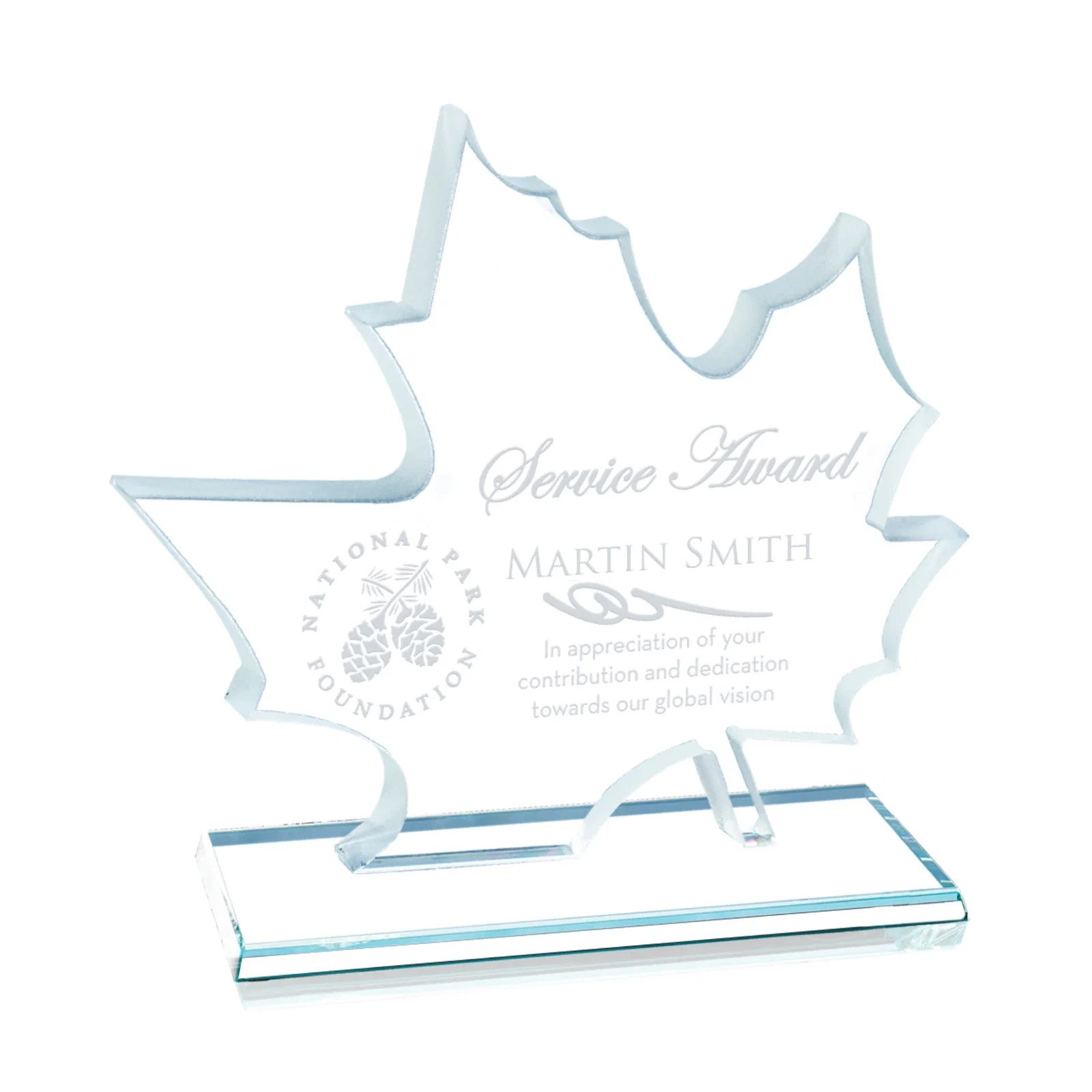 Custom Maple Leaf-Shaped Starfire Crystal Award, Deep Etched for corporate award ceremonies