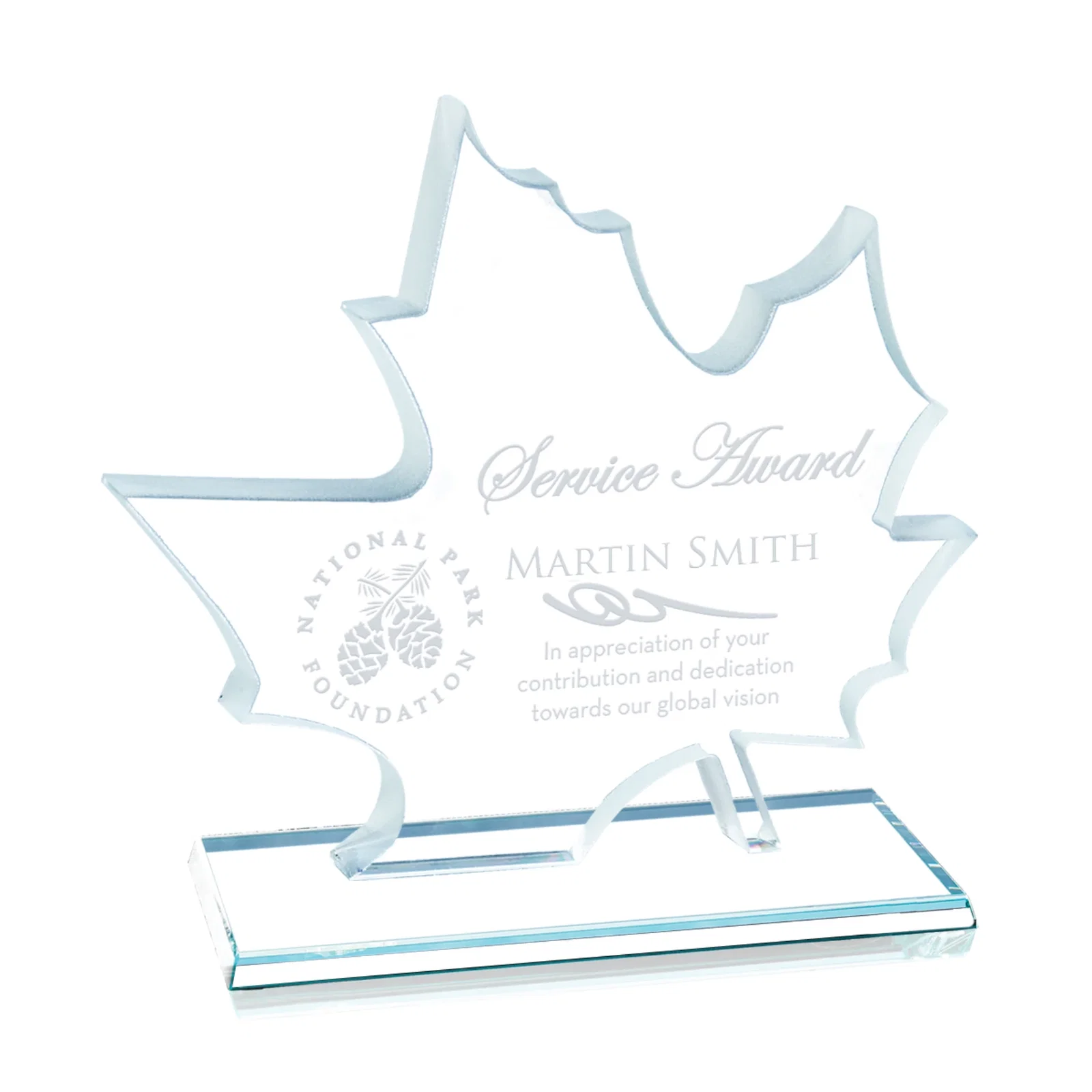 Custom Maple Leaf-Shaped Starfire Crystal Award, Deep Etched for service anniversary gifts