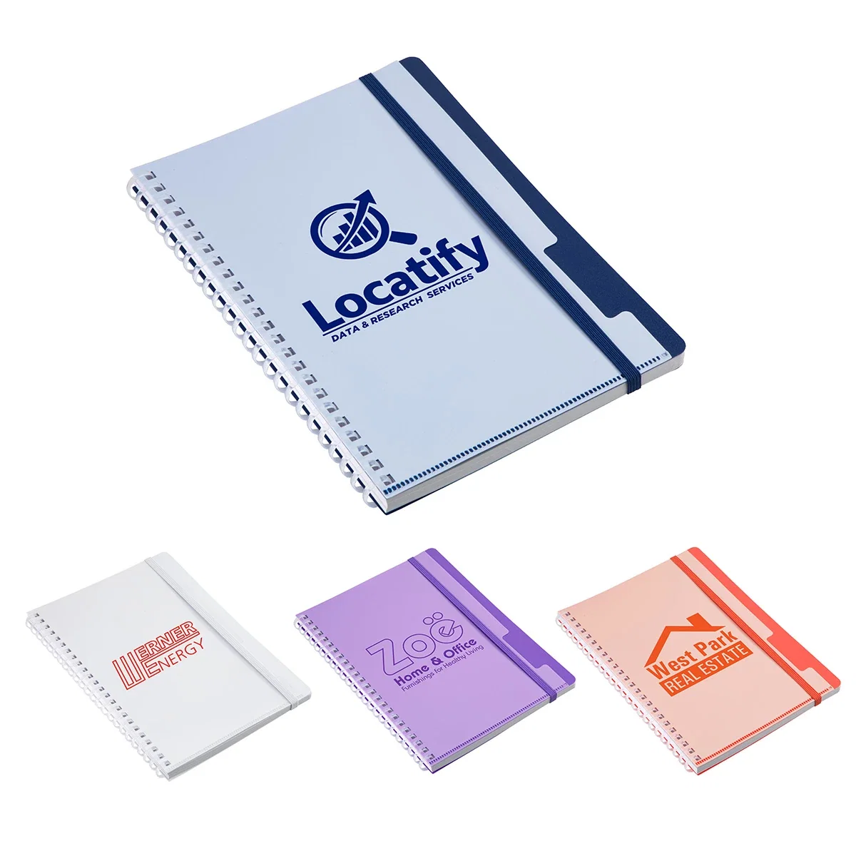 Custom Arcadia Soft Spiral Notebook with Front Pocket, front view of the branded notebook