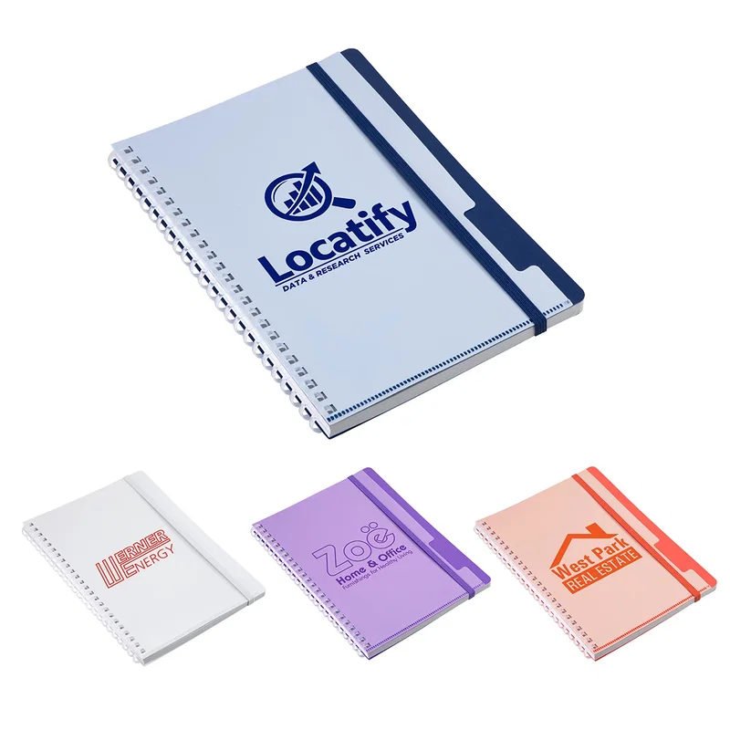 Custom Arcadia Soft Spiral Notebook with Front Pocket, front view of the branded notebook