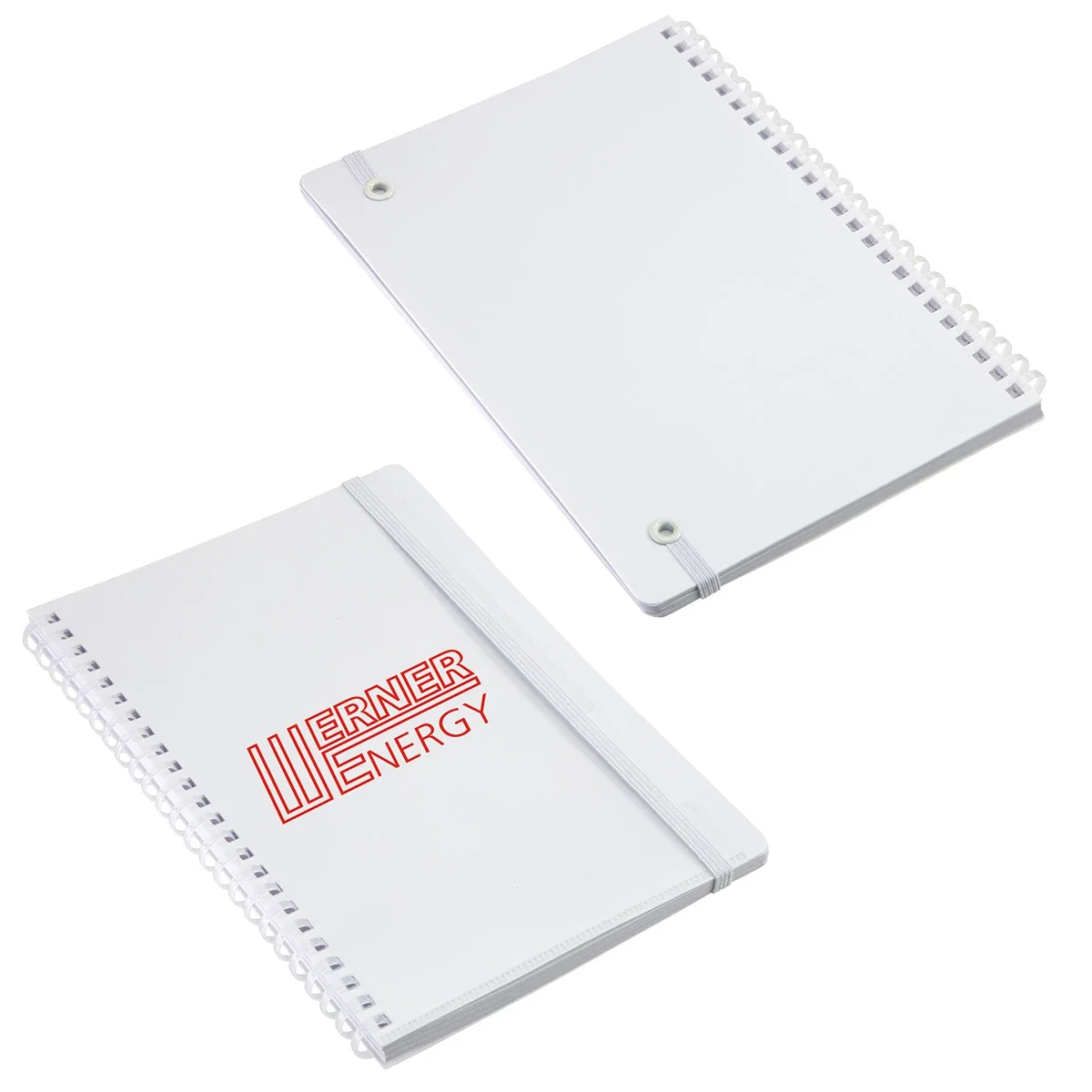 Arcadia Soft Spiral Notebook open to a blank page, lifestyle desk shot