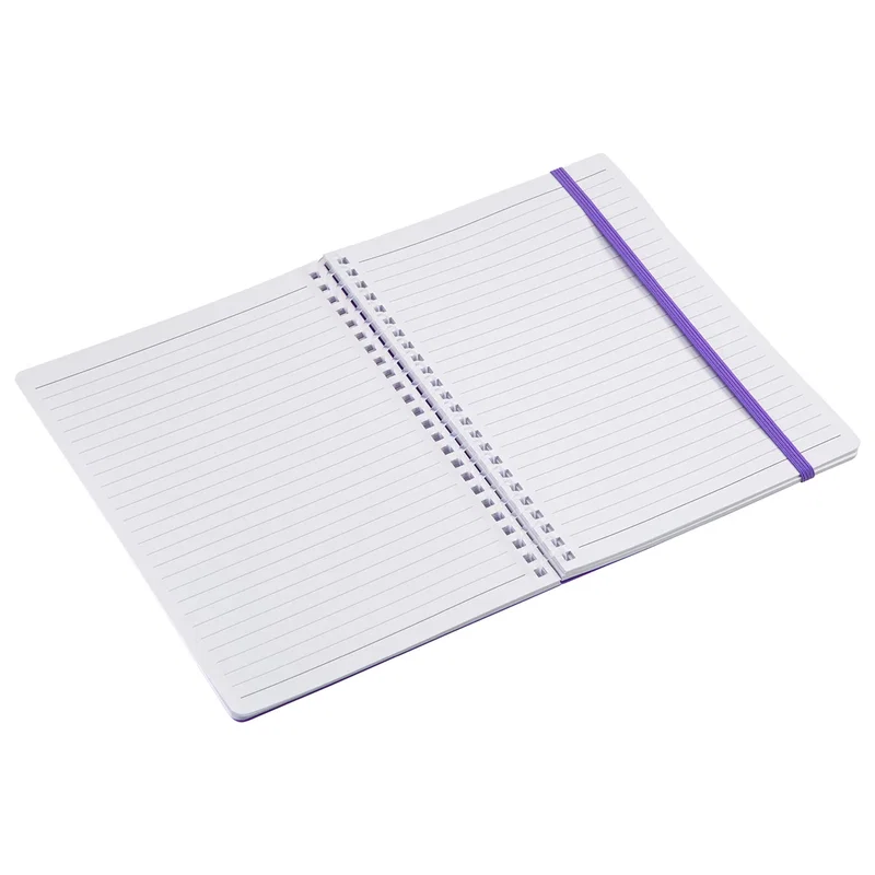 Angled view of the branded Arcadia Soft Spiral Notebook with Front Pocket