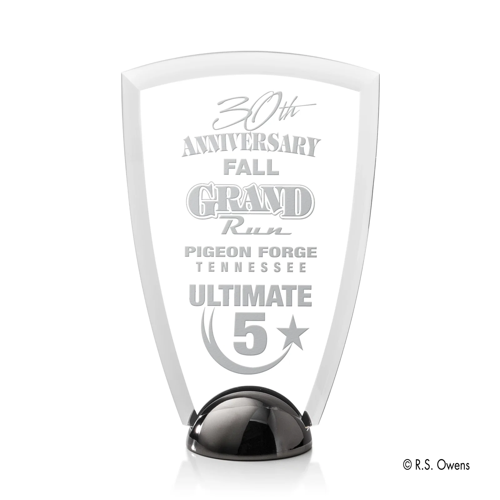 Custom Beveled Acrylic Arch Award on Cast Metal Hemisphere Base for corporate award ceremonies