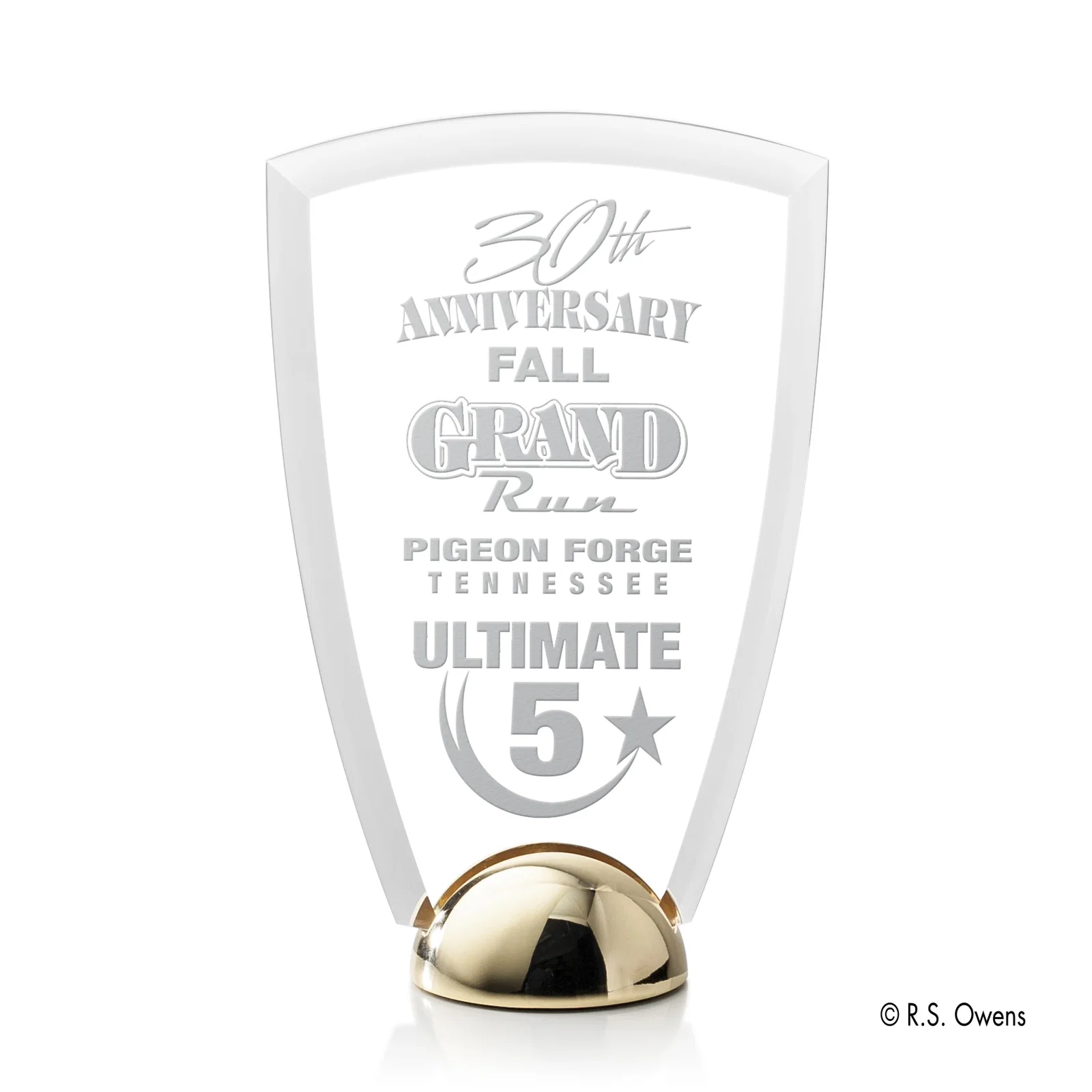 Custom Beveled Acrylic Arch Award on Cast Metal Hemisphere Base for service anniversary gifts
