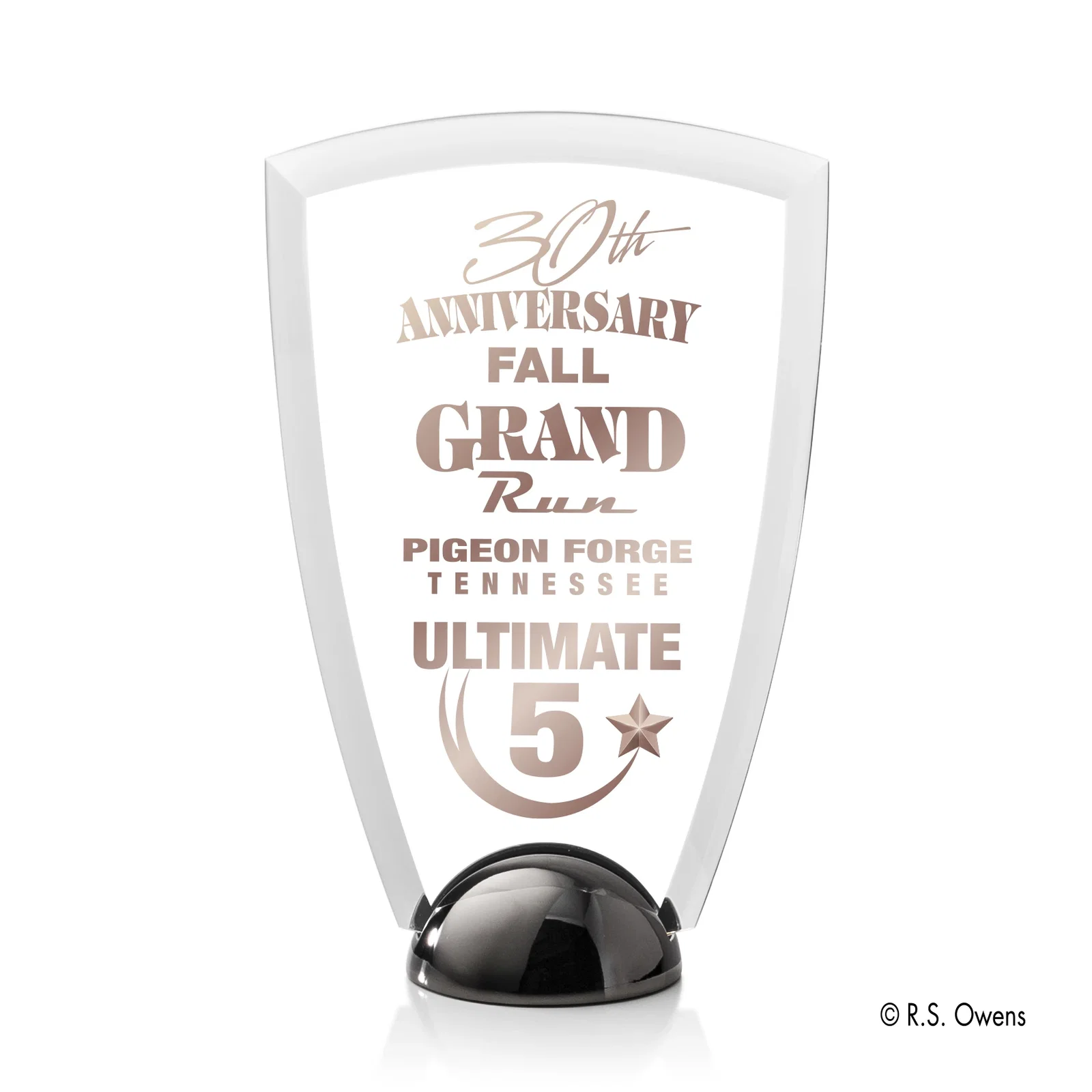 Custom Beveled Acrylic Arch Award on Cast Metal Hemisphere Base for team milestone celebrations