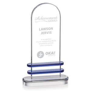 Arched Crystal Award with Blue Inlay Echoing the Base