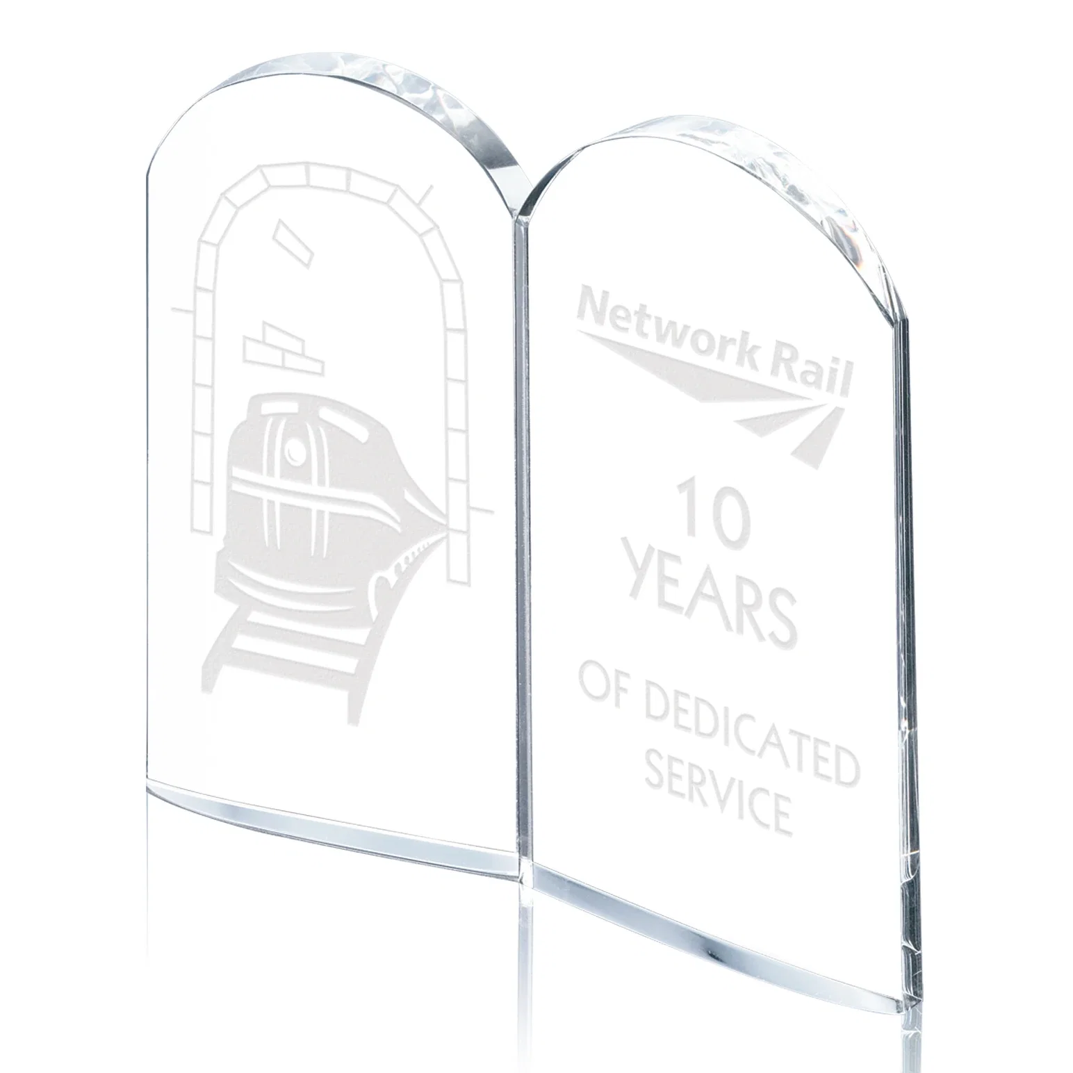 Custom Optical Crystal Award with Twin Arch Panels Fused at an Angle, awards for employee recognition