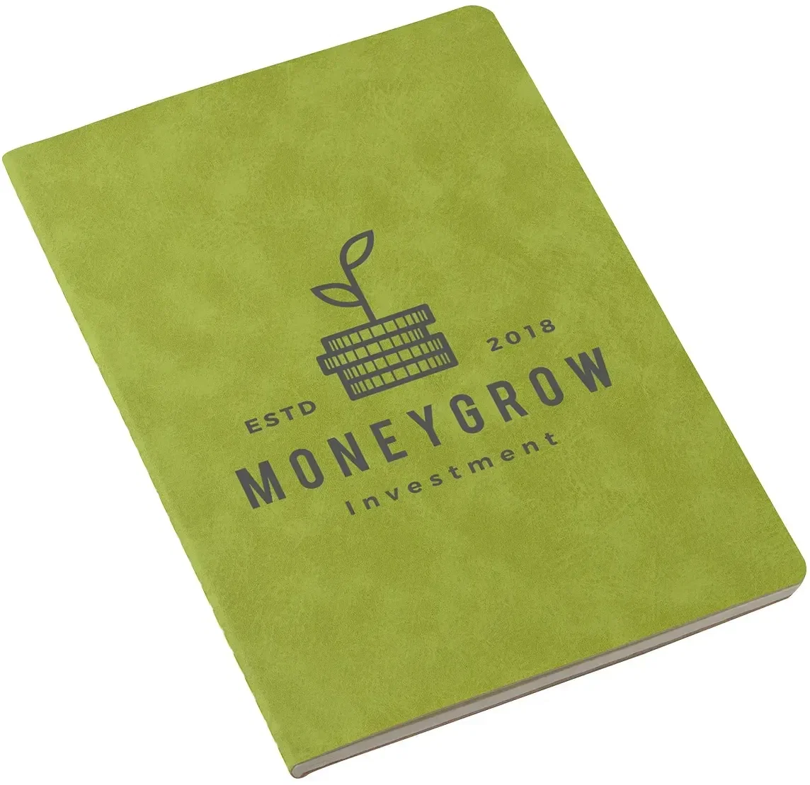 Angled view of the branded Archive journal showing its stitched faux leatherette cover for a custom logo