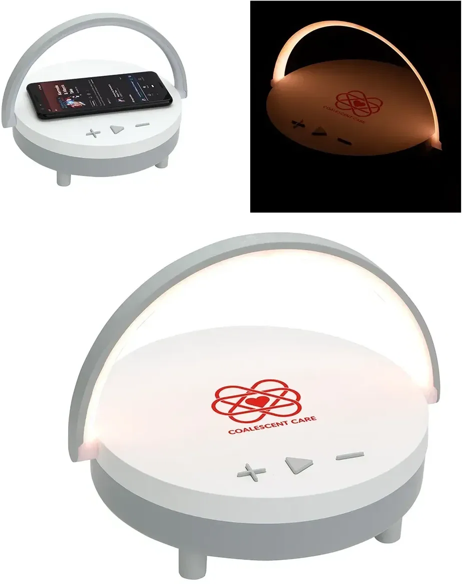 Archway wireless speaker with 5W charger, custom branded promotional desk device, front view