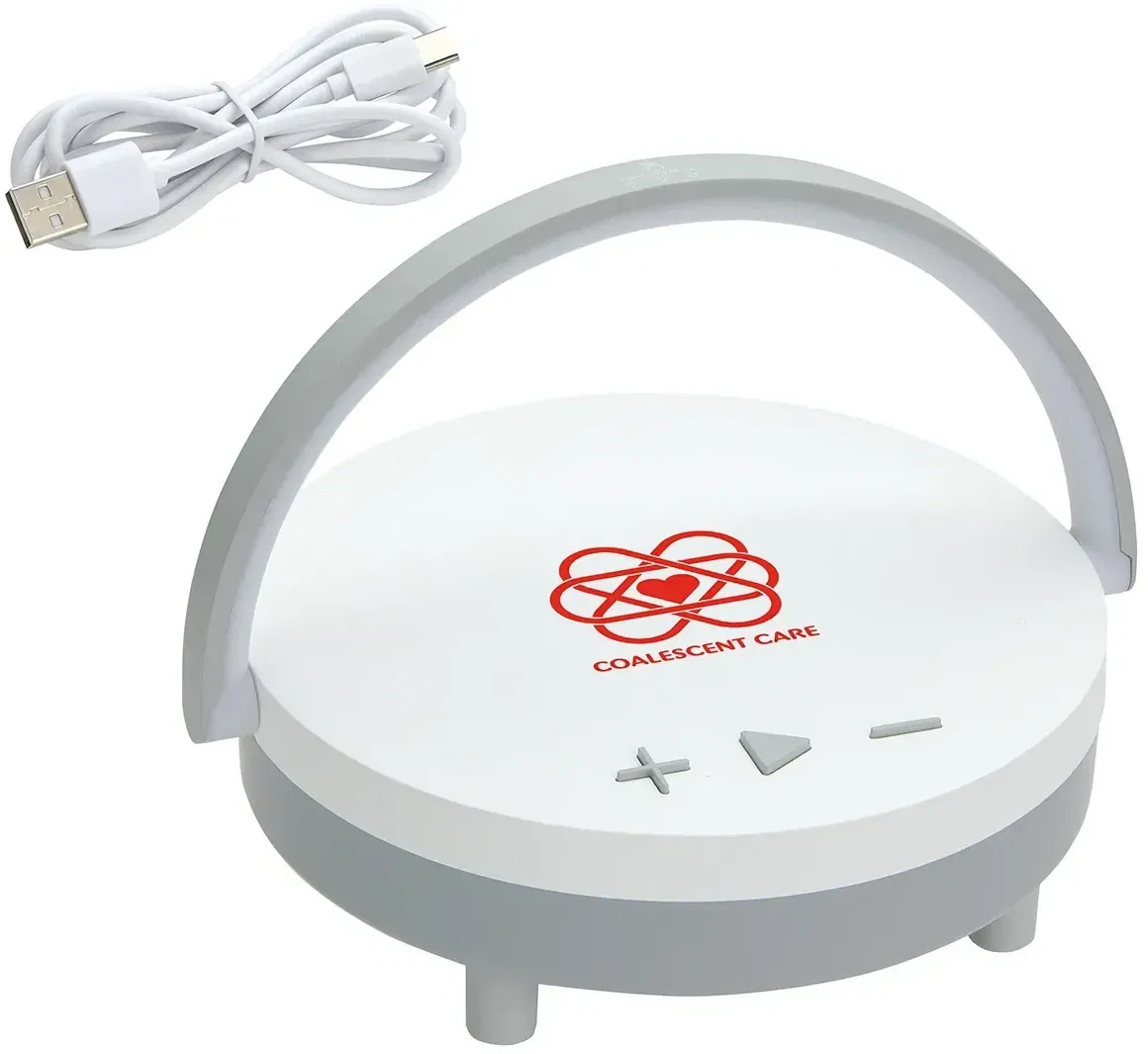 Branded Archway speaker and phone charger, phone on 5W pad, top view