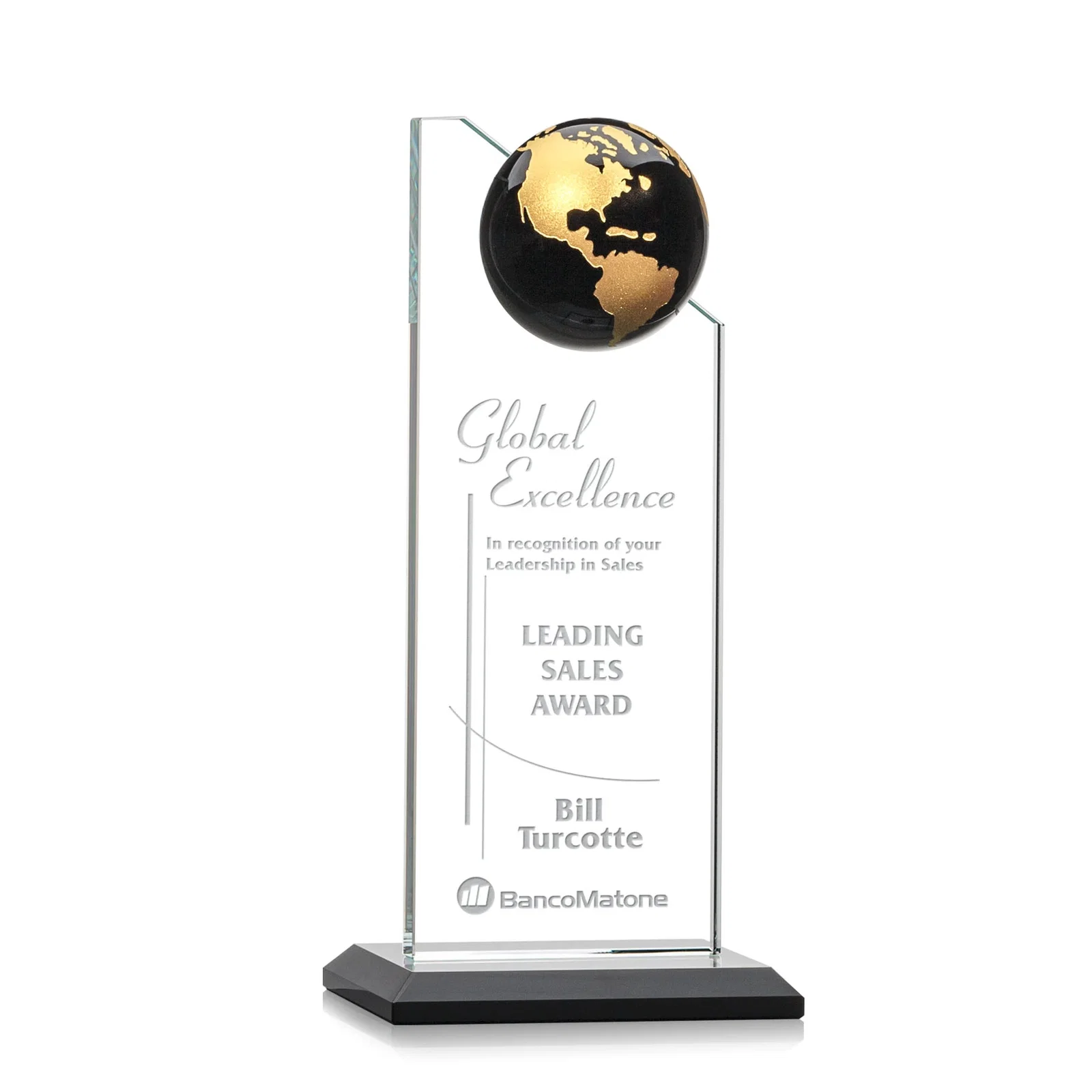 Custom Optical Crystal Tower Award With Slanted Half-Globe Top for dealer and partner awards