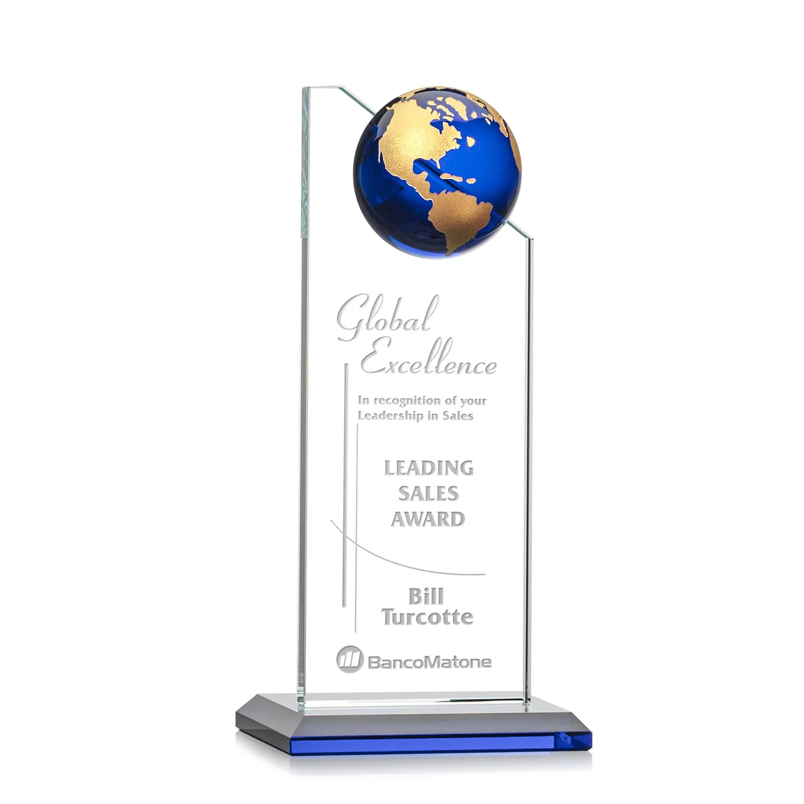 Personalized Optical Crystal Tower Award With Slanted Half-Globe Top for service anniversary gifts
