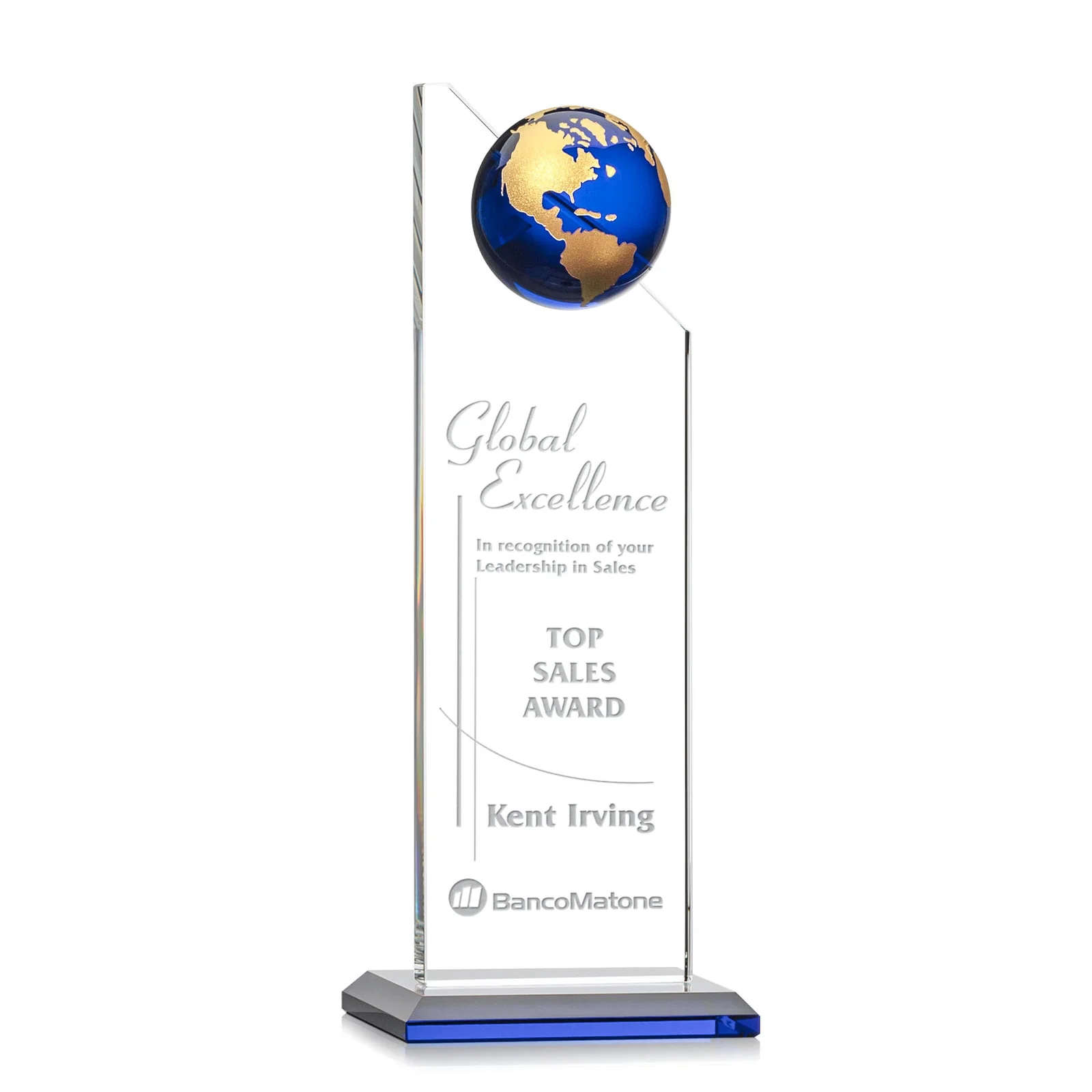 Personalized Optical Crystal Tower Award With Slanted Half-Globe Top for sales achievement awards