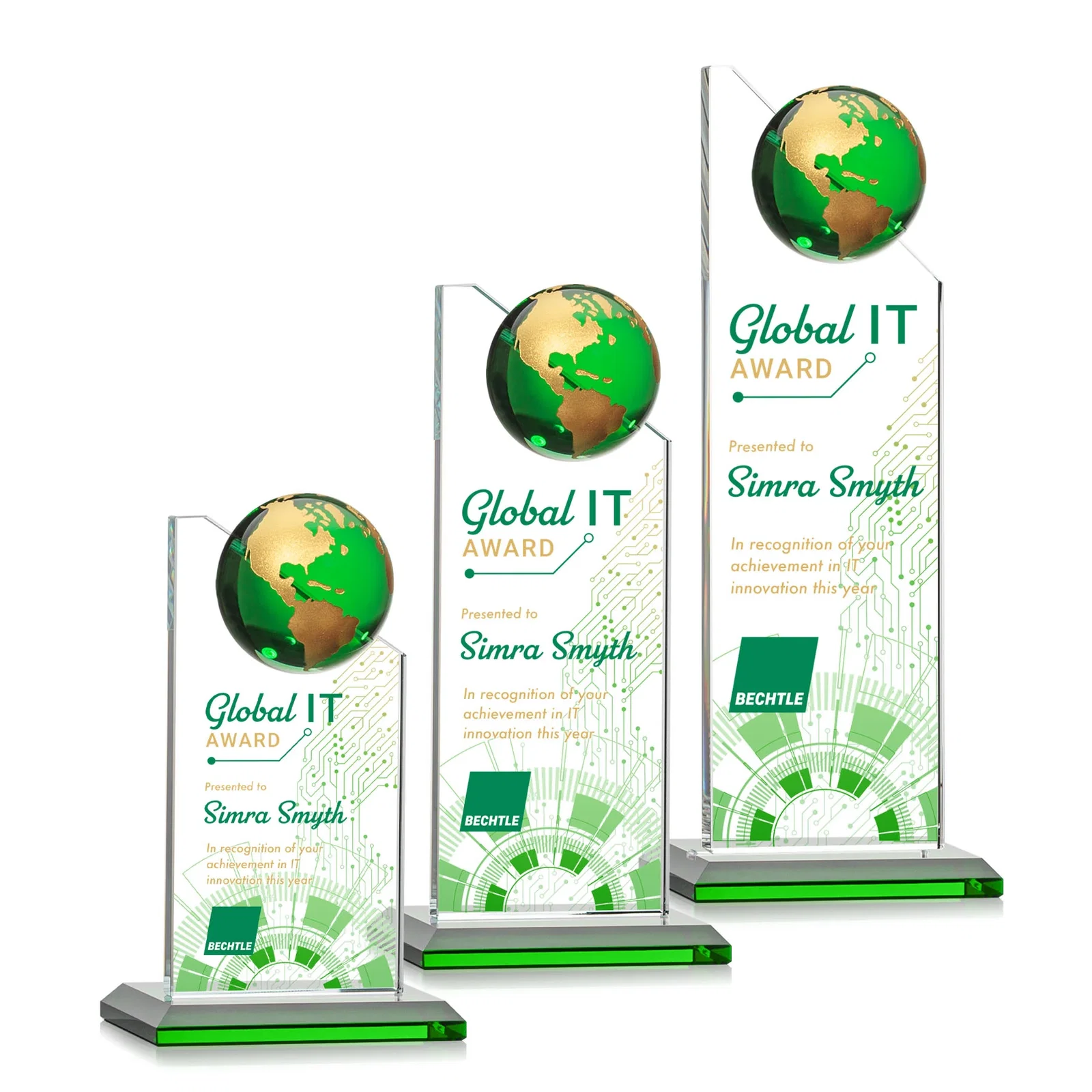 Personalized Optical Crystal Tower Award With Slanted Half-Globe Top for retirement presentations