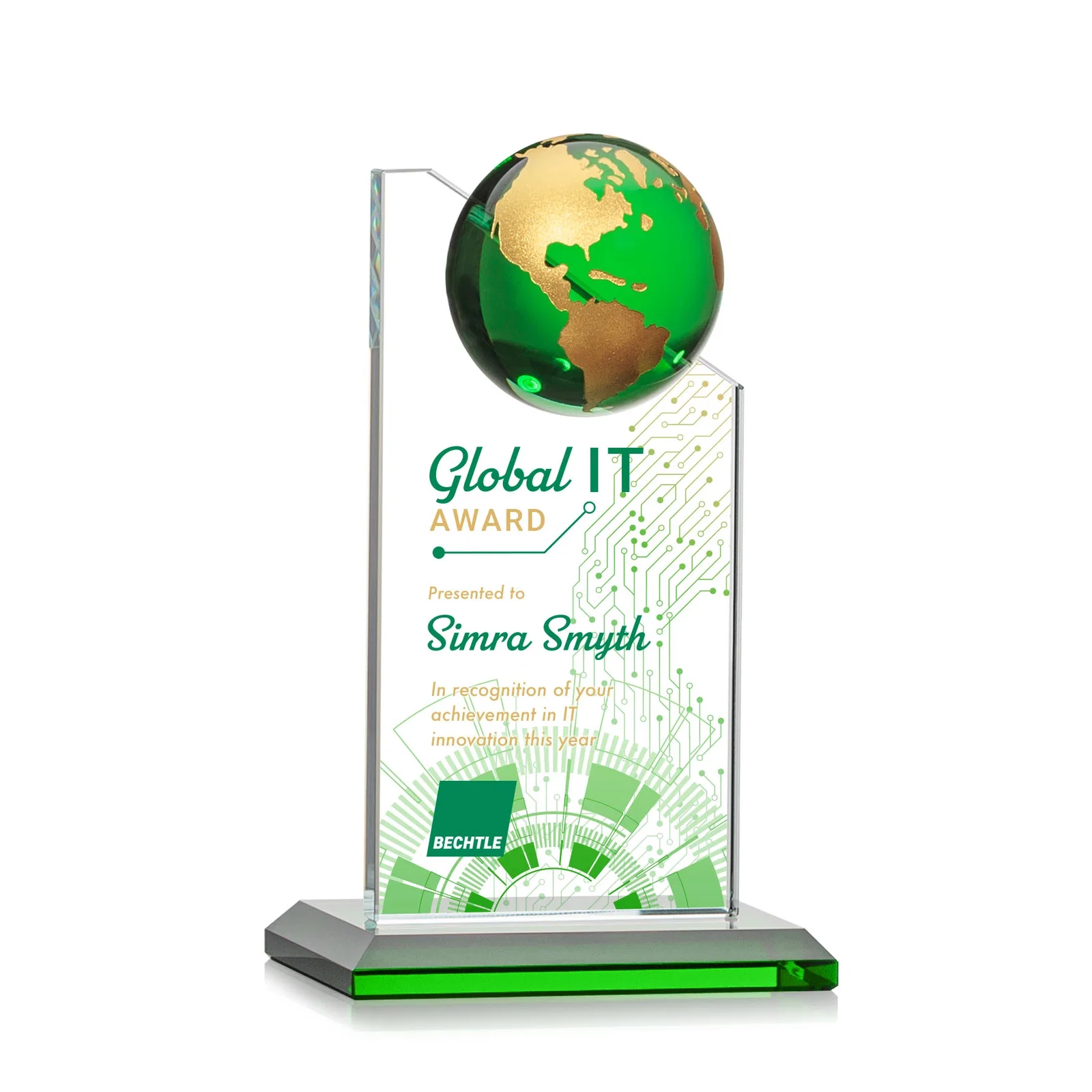 Personalized Optical Crystal Tower Award With Slanted Half-Globe Top for team milestone celebrations