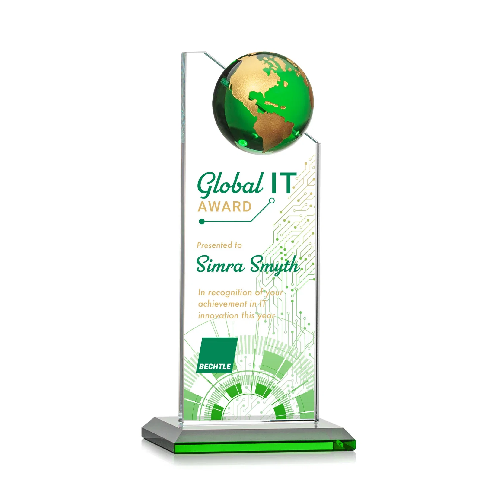 Personalized Optical Crystal Tower Award With Slanted Half-Globe Top for donor appreciation