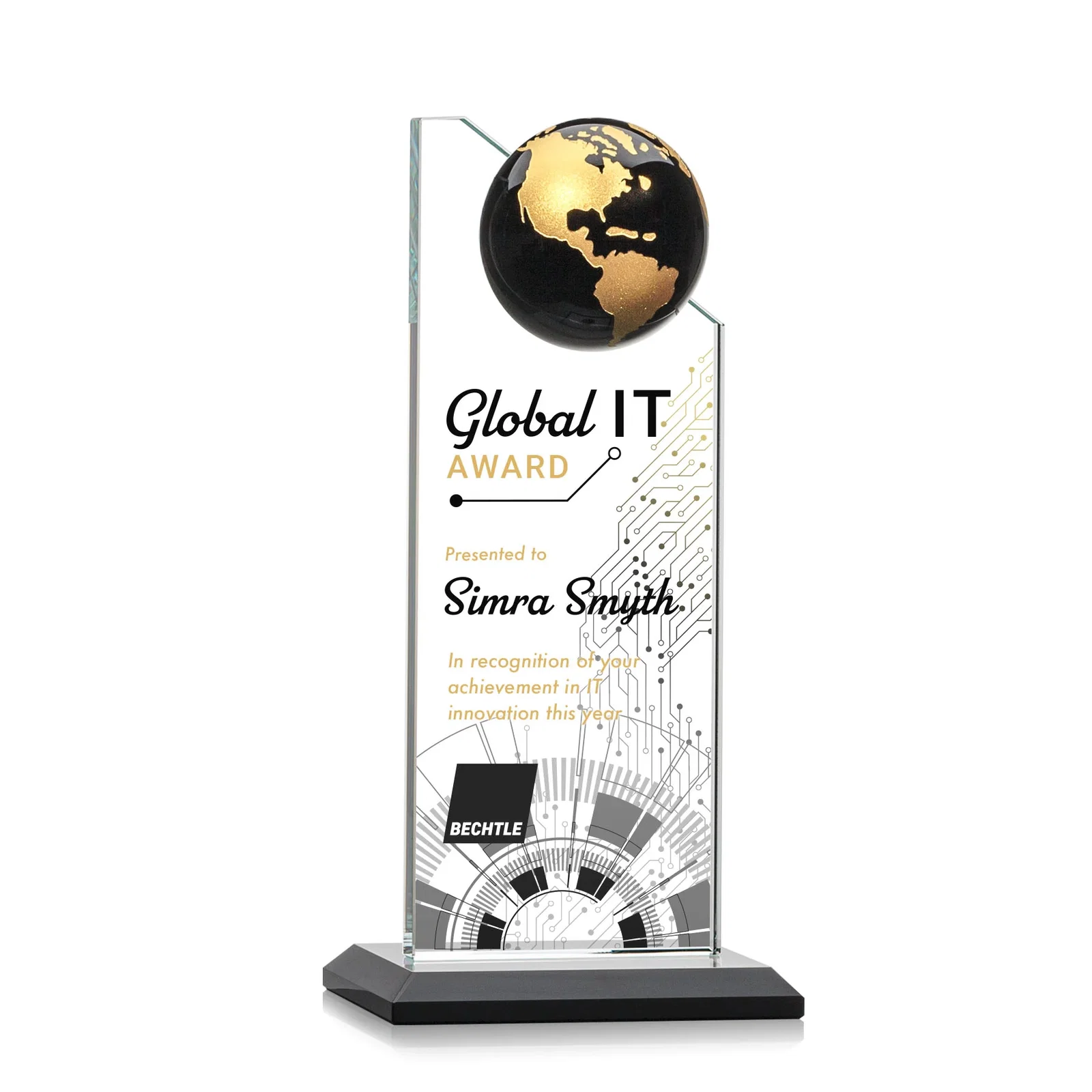 Personalized Optical Crystal Tower Award With Slanted Half-Globe Top for dealer and partner awards