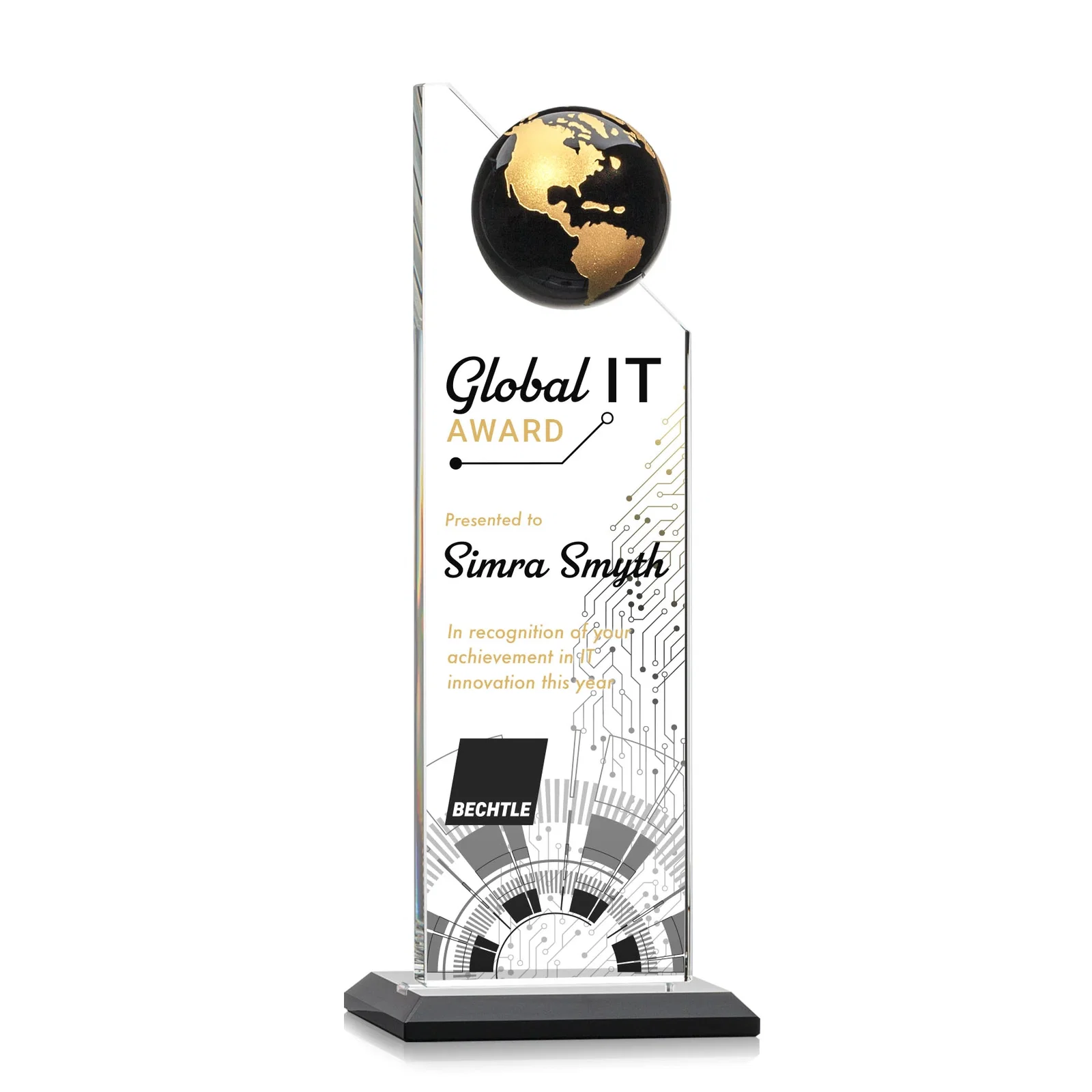 Personalized Optical Crystal Tower Award With Slanted Half-Globe Top for company anniversary events