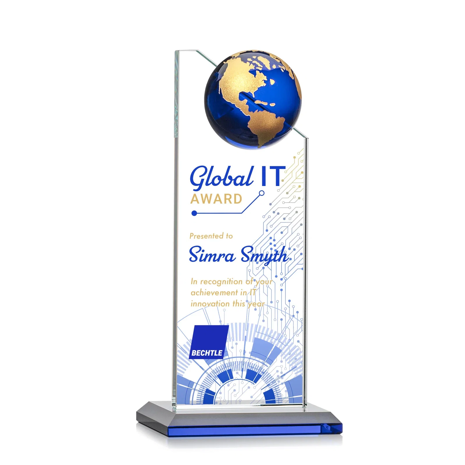 Promotional Optical Crystal Tower Award With Slanted Half-Globe Top for donor appreciation