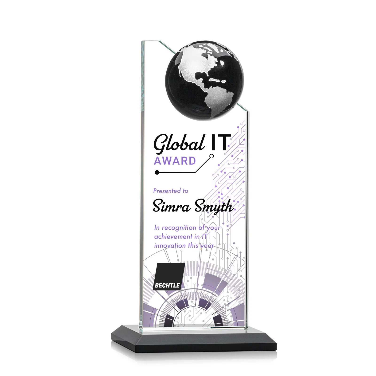 Promotional Optical Crystal Tower Award With Slanted Half-Globe Top for dealer and partner awards
