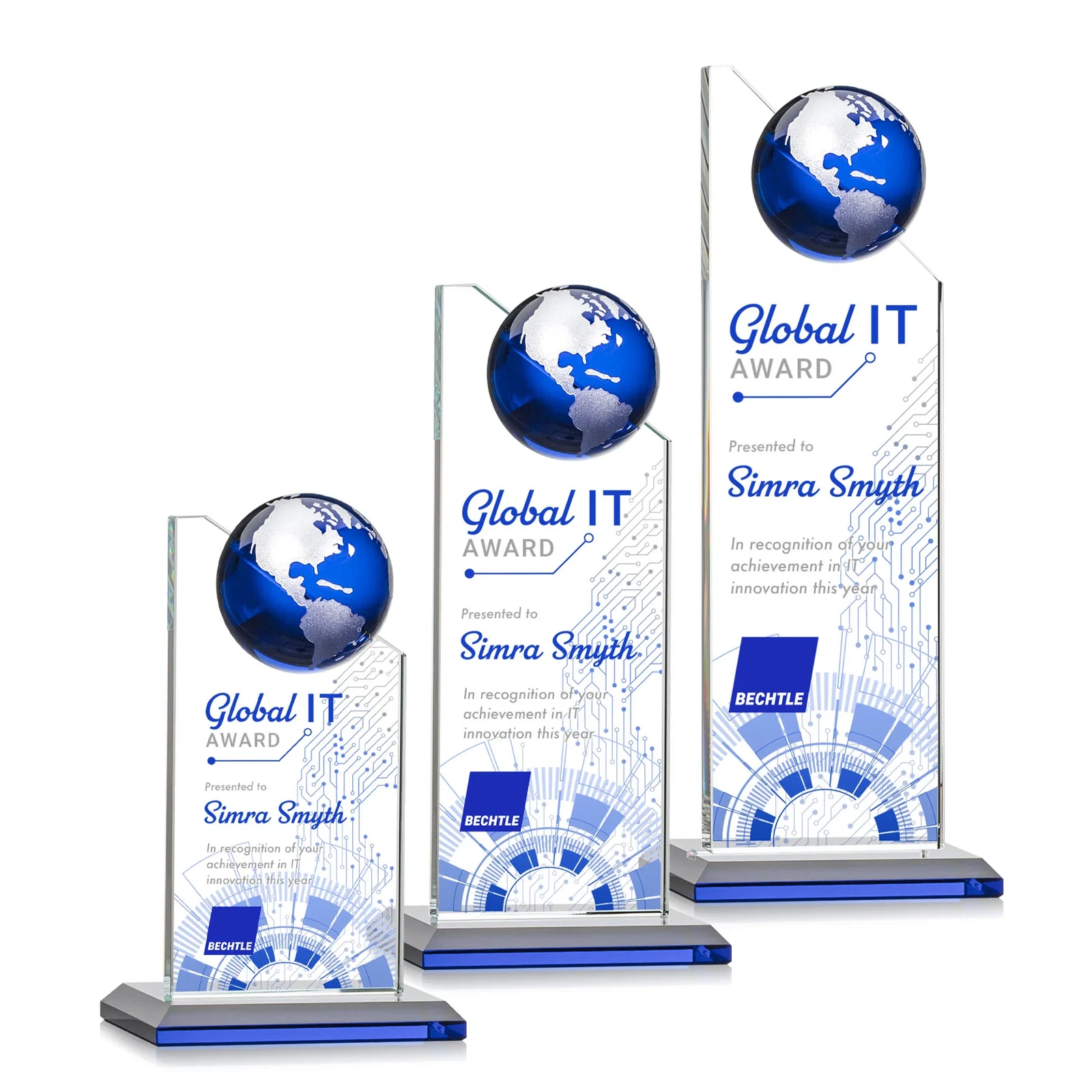 Branded Optical Crystal Tower Award With Slanted Half-Globe Top for employee recognition